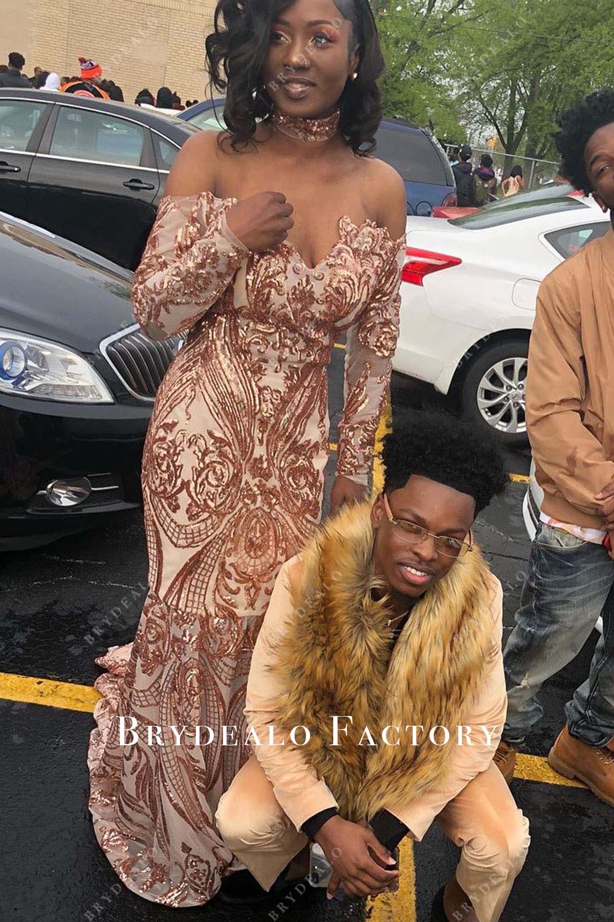Champagne Gold Sequined Off Shoulder Mermaid Prom Dress Champagne Gold Sequined Off Shoulder Mermaid Prom Dress