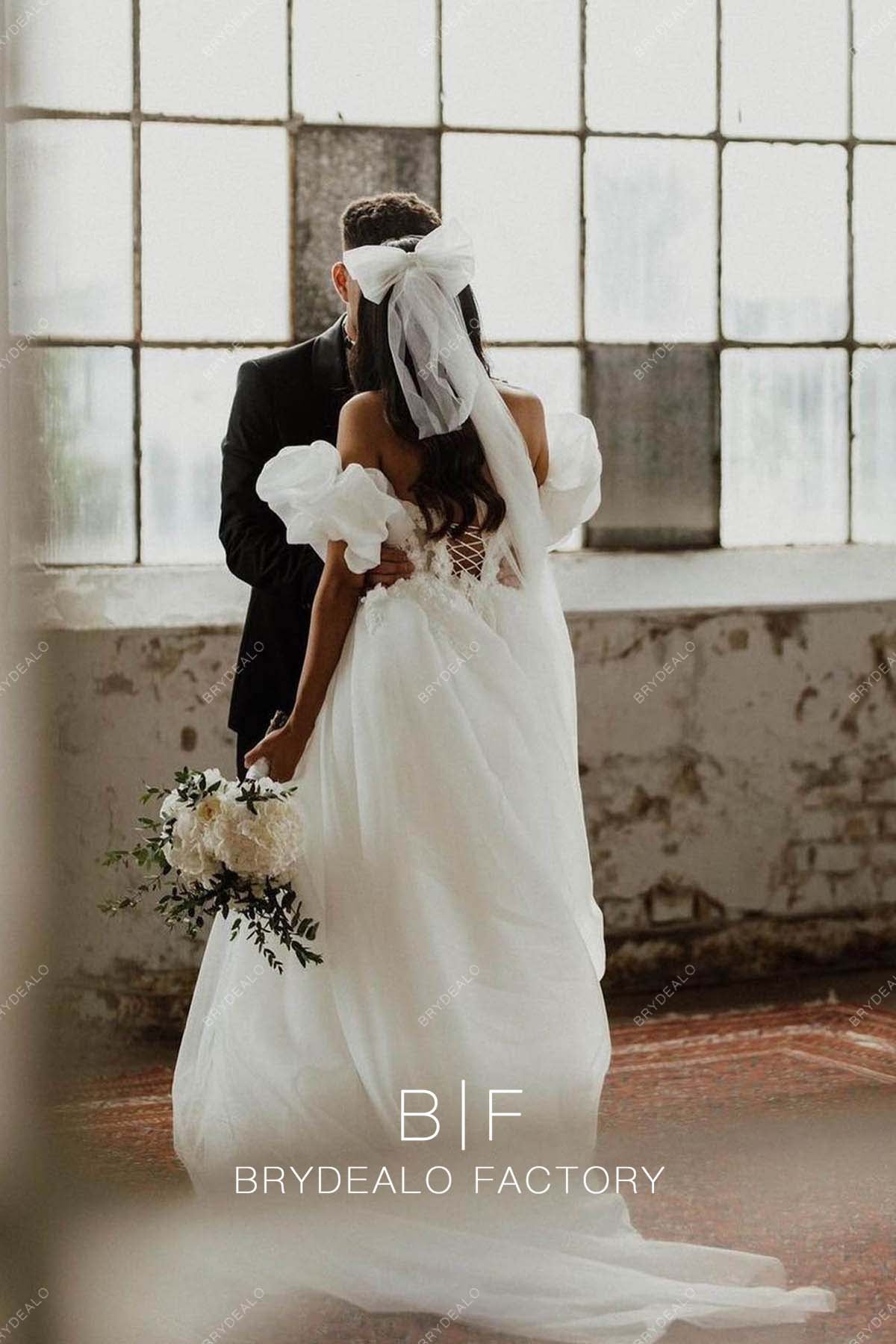 strappy back off shoulder long train bridal dress