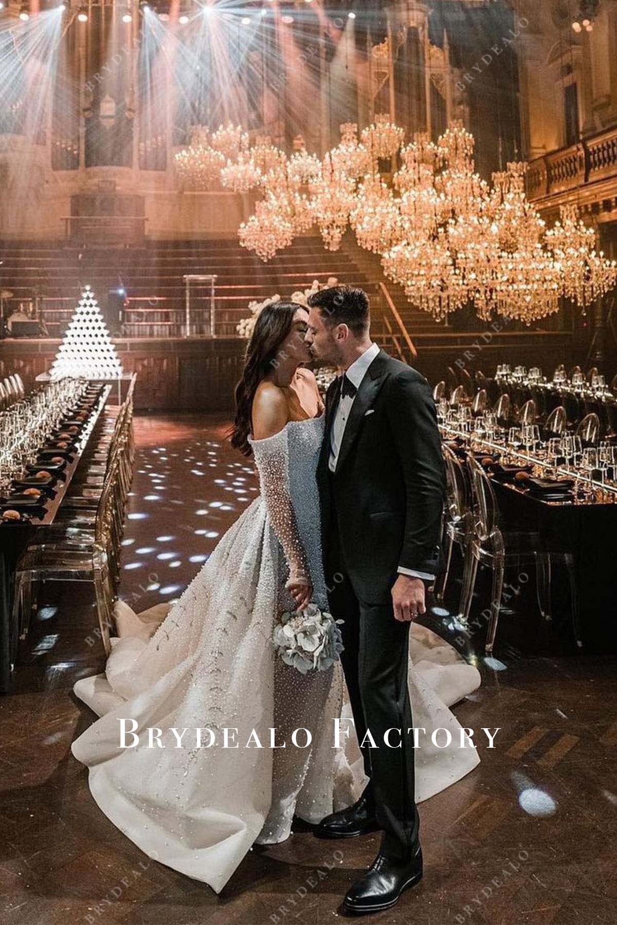 off the shoulder pearl wedding dress Multi-sized Pearls Off Shoulder Chapel Train Weeding Dress