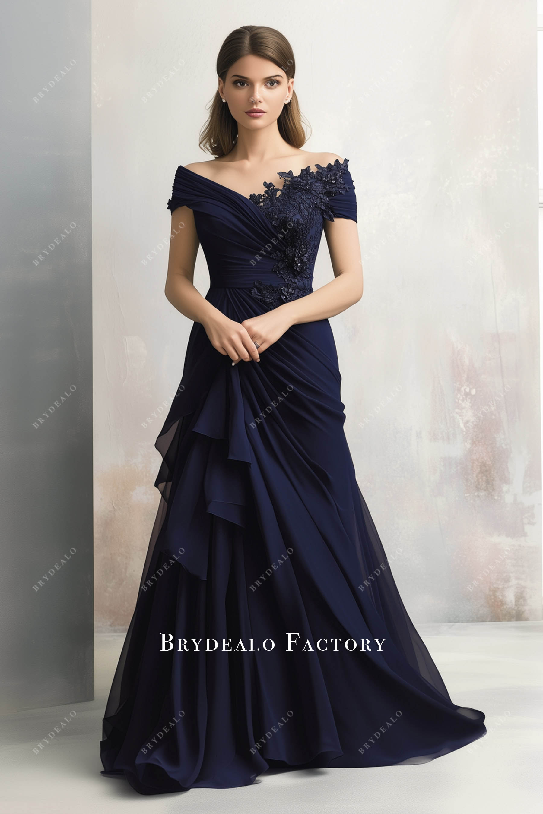 off shoulder pleated draped mother of bride dress