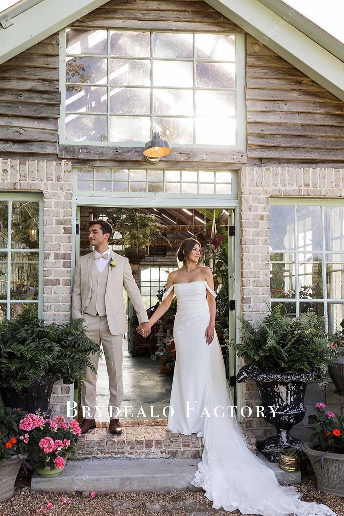 off shoulder pleated wedding dress