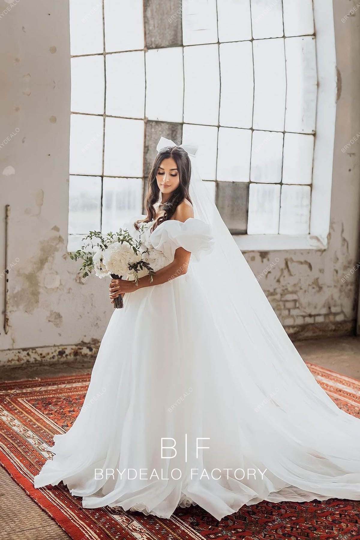 Pretty Ivory Organza Off Shoulder Ball Gown Designer Wedding Dress, Ivory