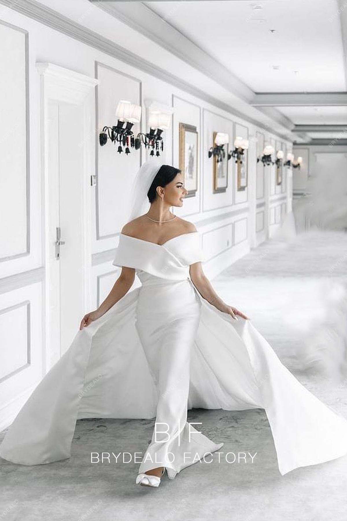 off the shoulder satin wedding dress Vintage Off-shoulder Silk Wedding Dress with Long Train Overskirt
