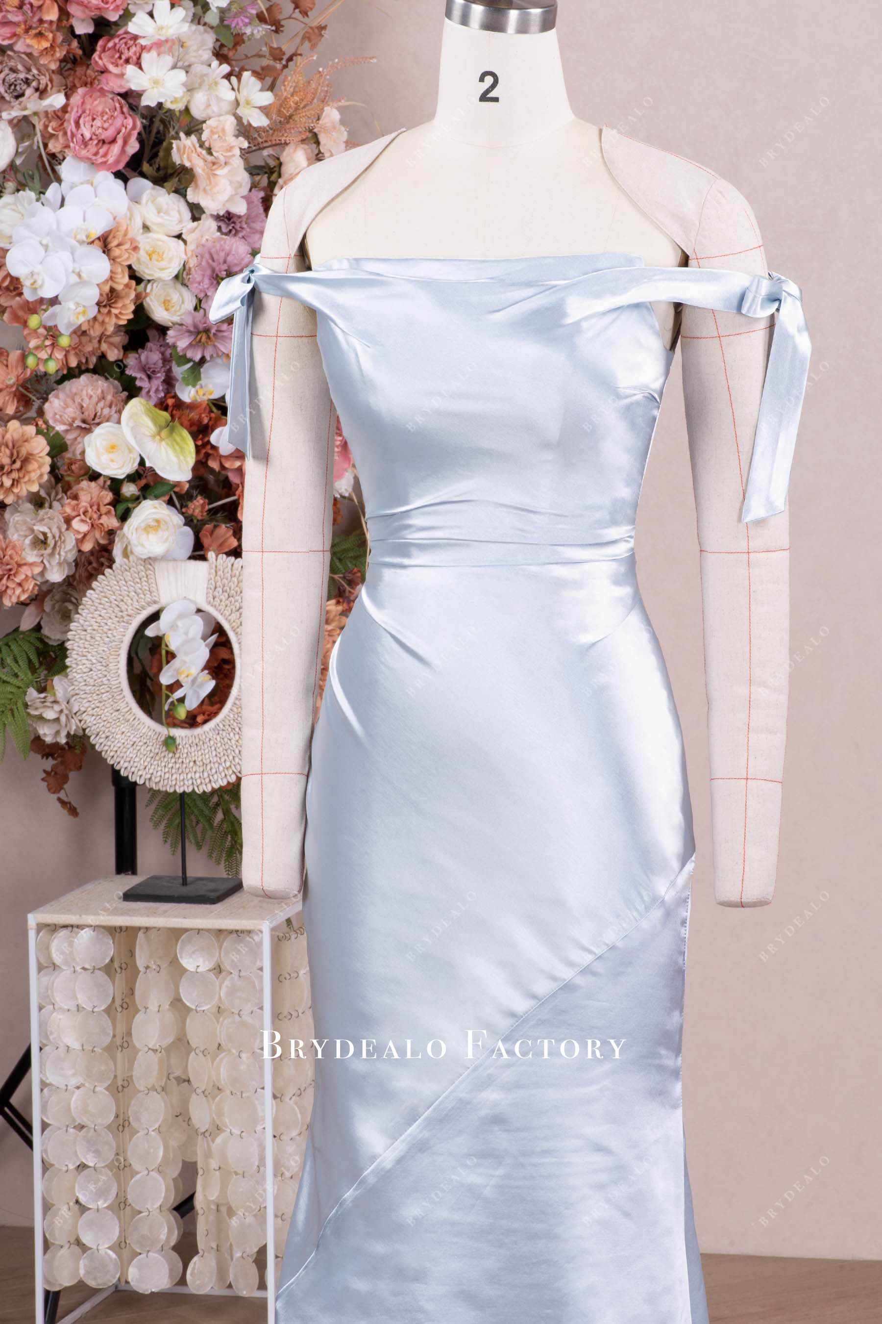 off-shoulder satin bridesmaid dress
