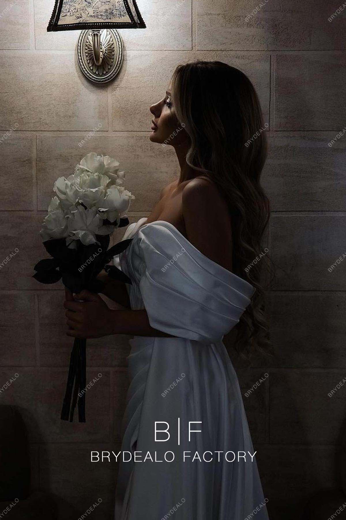 satin off the shoulder long sleeve dress Beaded Off Shoulder Half Sleeve Satin Mother of Bride Dress