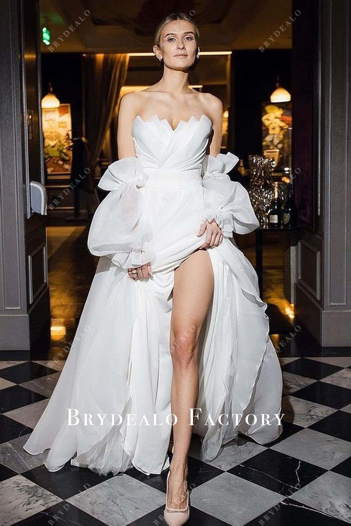 White Organza Off Shoulder Slit A-Line Wedding Dress, Black White Organza Off Shoulder Slit A-Line Wedding Dress, Black