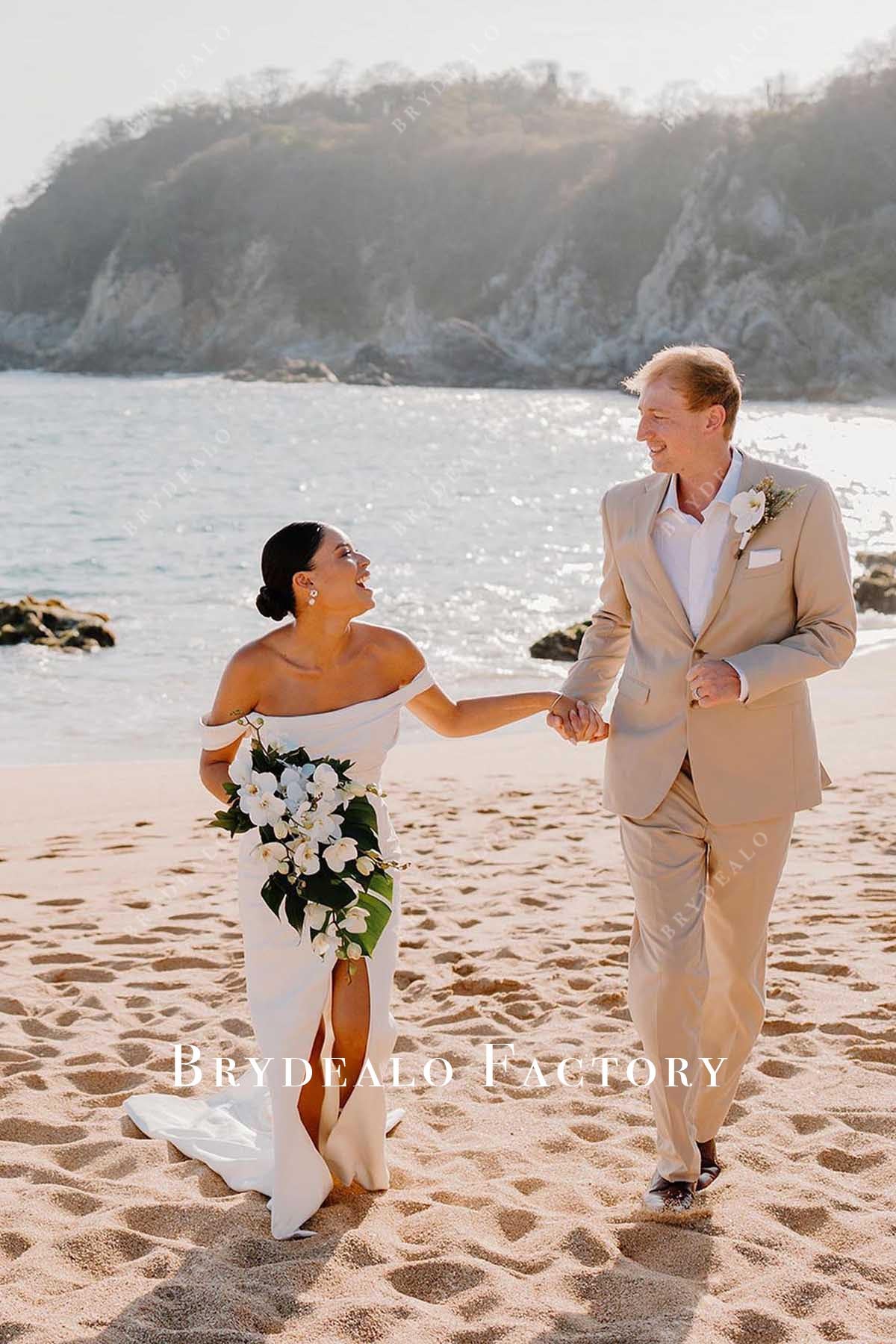 off shoulder slit wedding dress