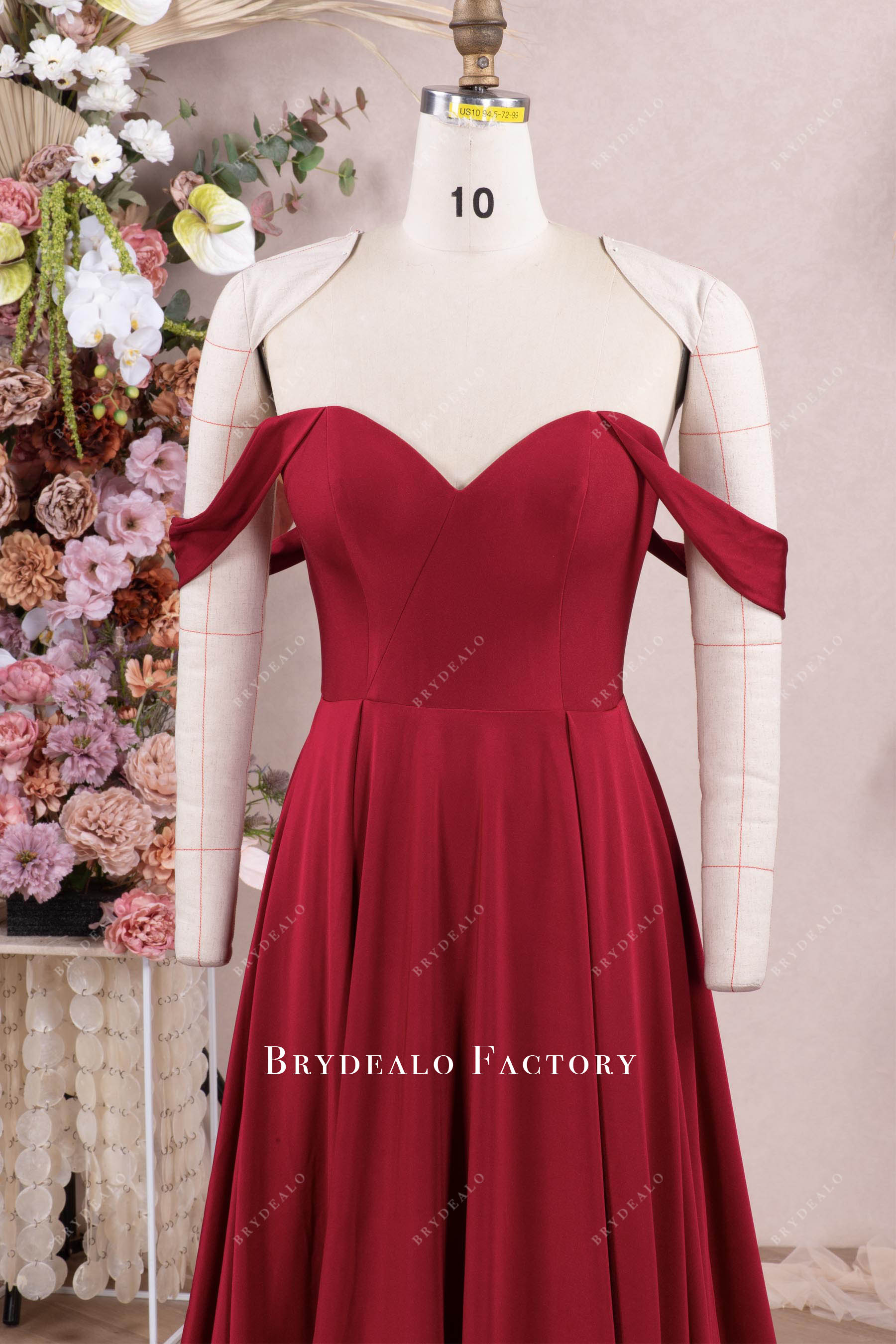 off-shoulder sweetheart neck dark red bridesmaid dress