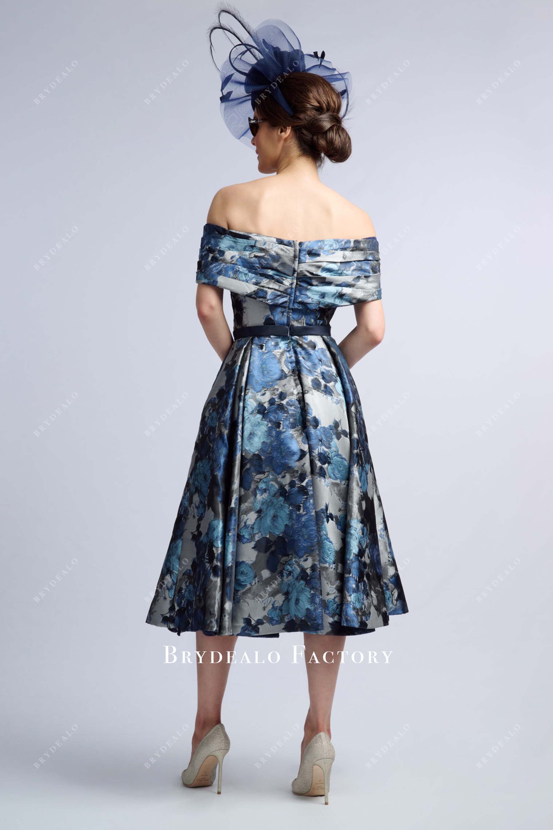 off shoulder tea length mother of bride dress