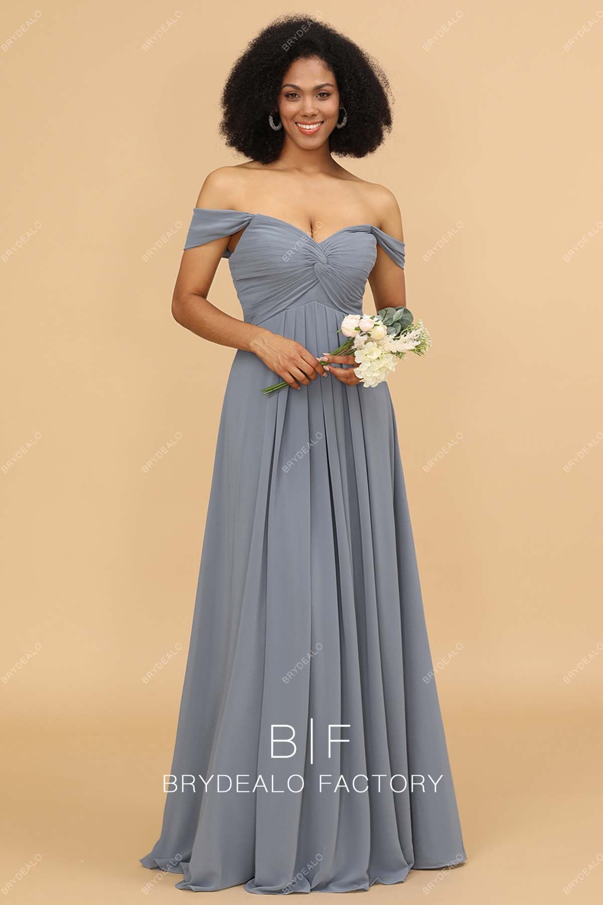 Elegant Silver Chiffon Off Shoulder Floor Length Bridesmaid Prom Dress