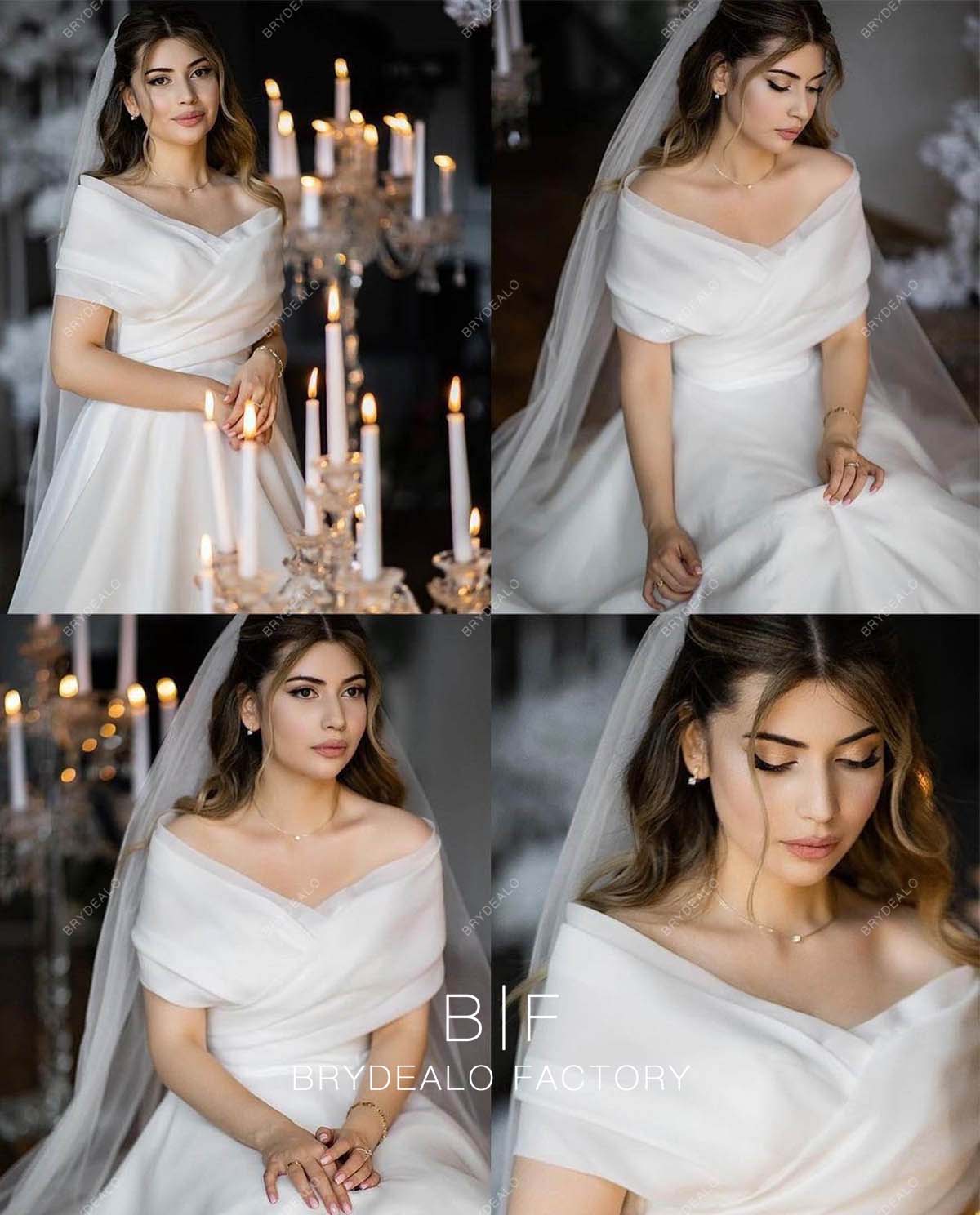 V-neck Off Shoulder Designer Organza Wedding Dress