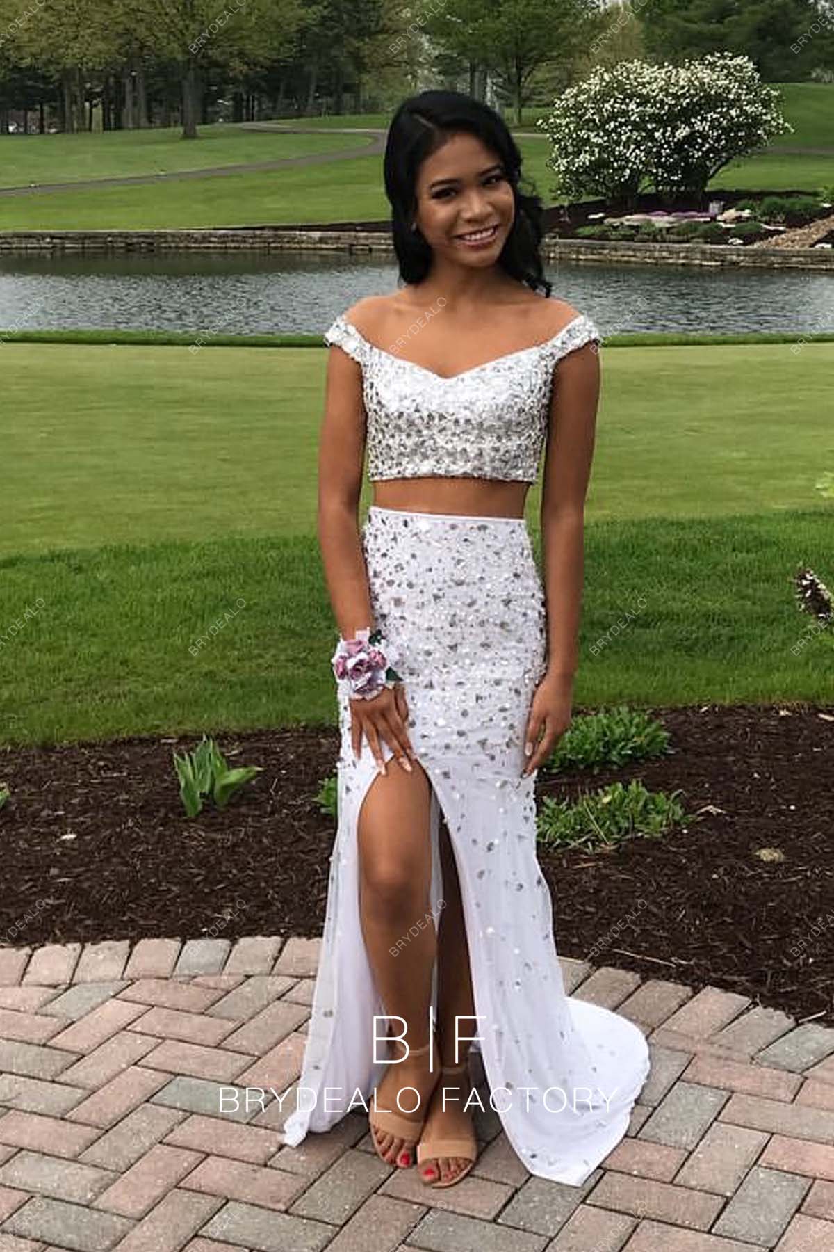 Sparkly Rhinestones Two-Piece White Slit Prom Dress Sparkly Rhinestones Two-Piece White Slit Prom Dress
