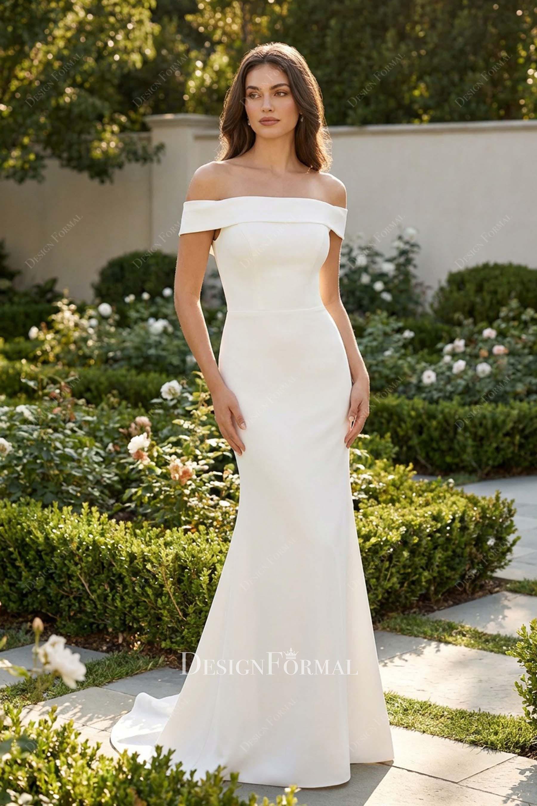 off the shoulder straight across bridal dress