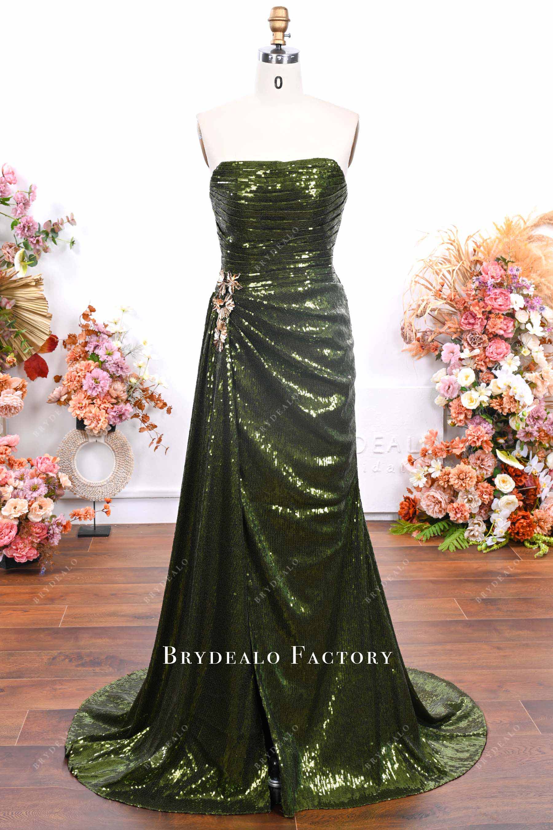 olive green glitter strapless prom dress