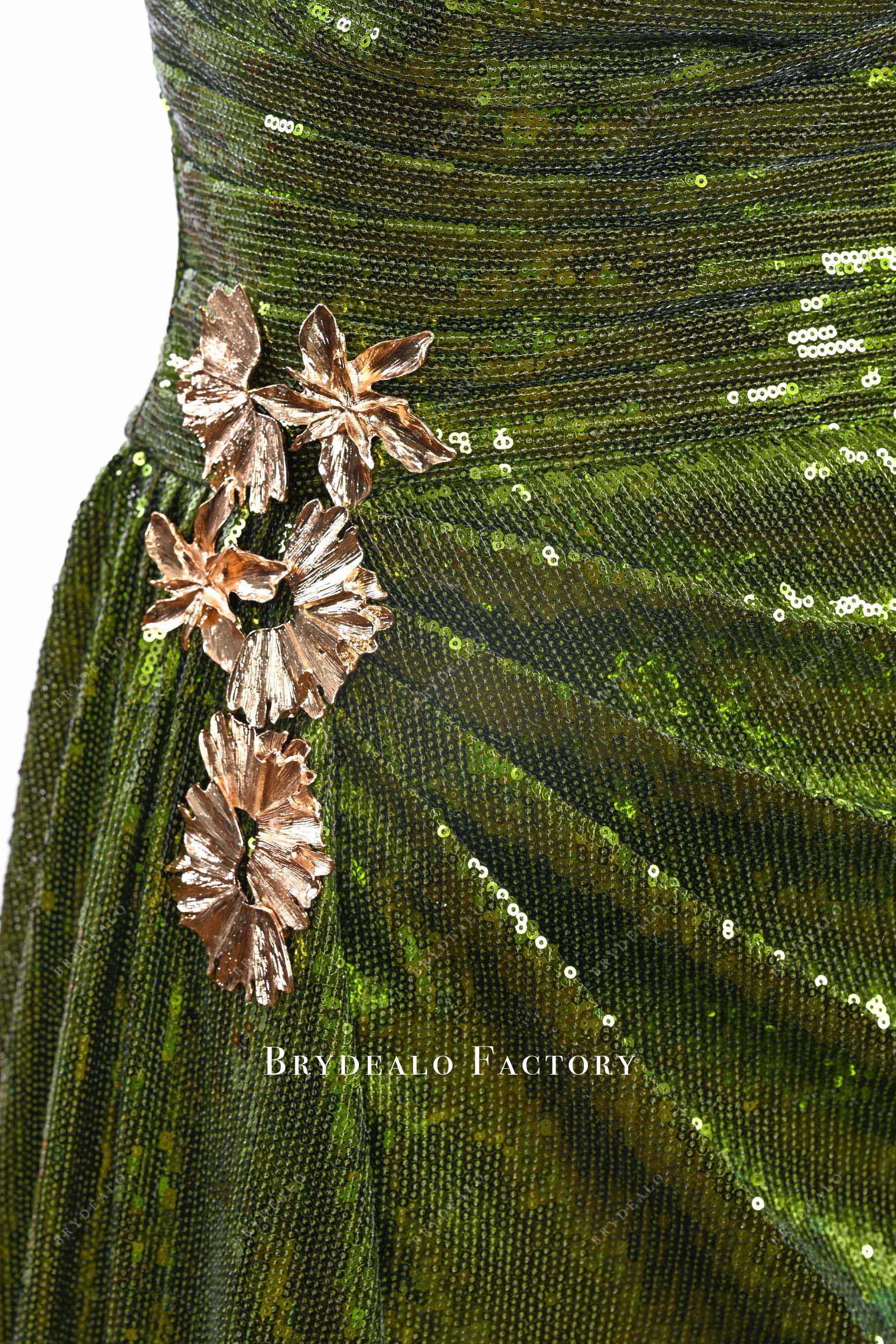 olive green sequin pleated prom dress