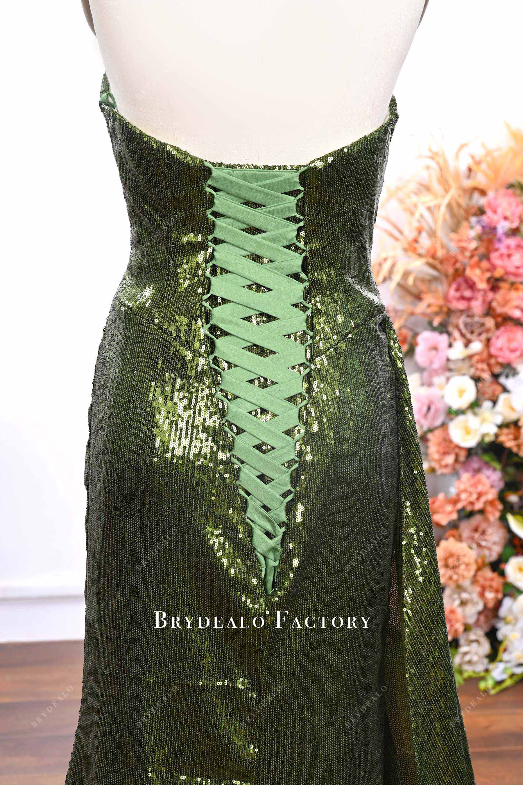 olive green strapless backless prom dress