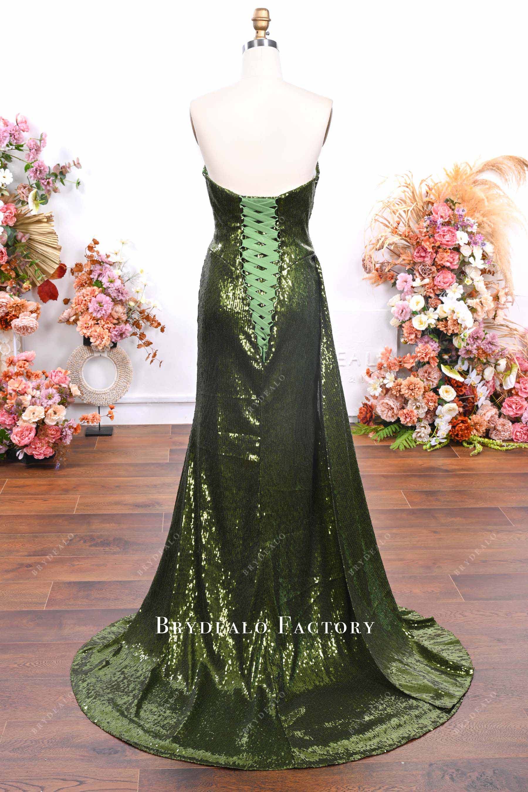 olive green strapless fit flare prom dress