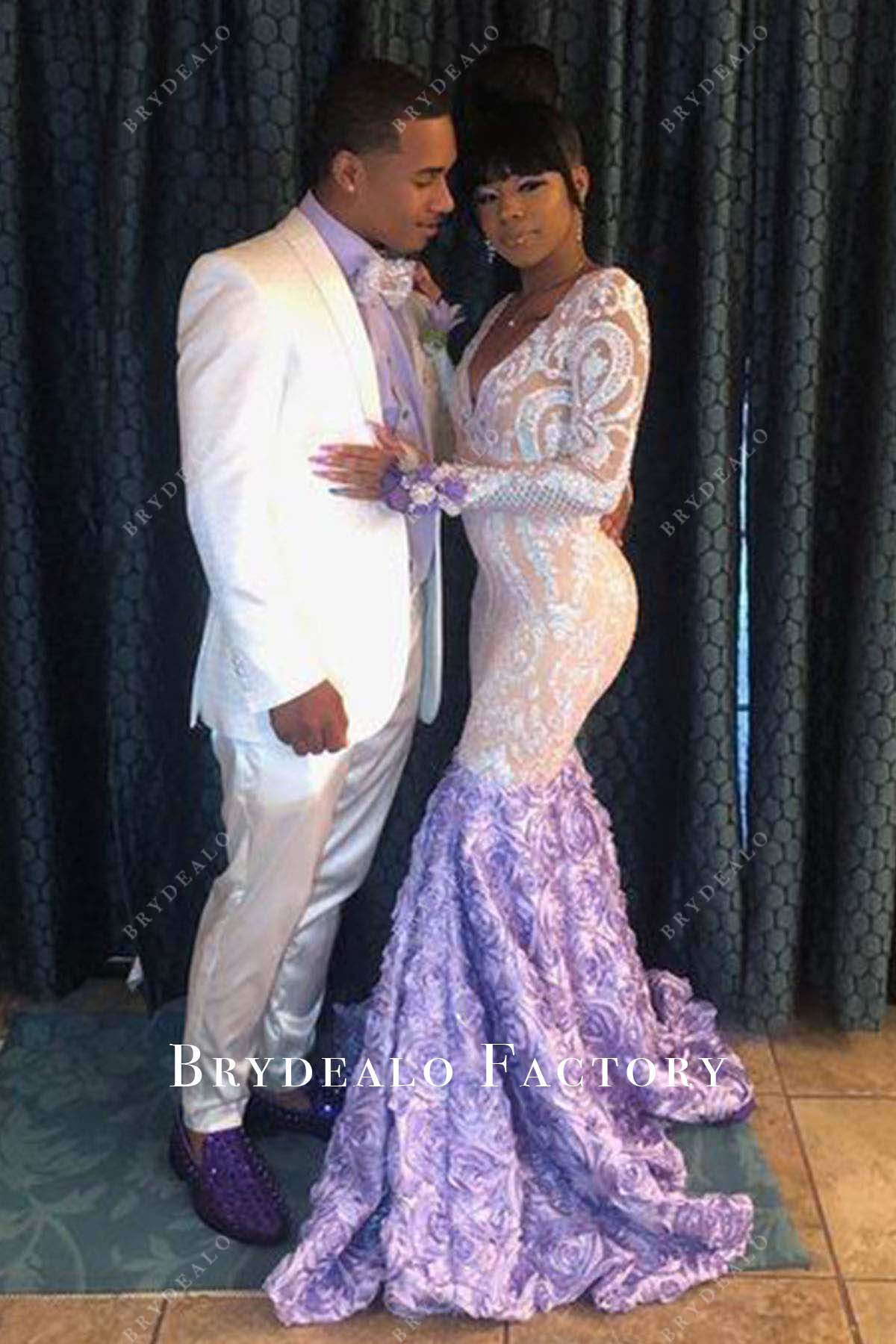 Ombre sequin Long Sleeves Lilac 3D Rose Trumpet Prom Dress Ombre sequin Long Sleeves Lilac 3D Rose Trumpet Prom Dress