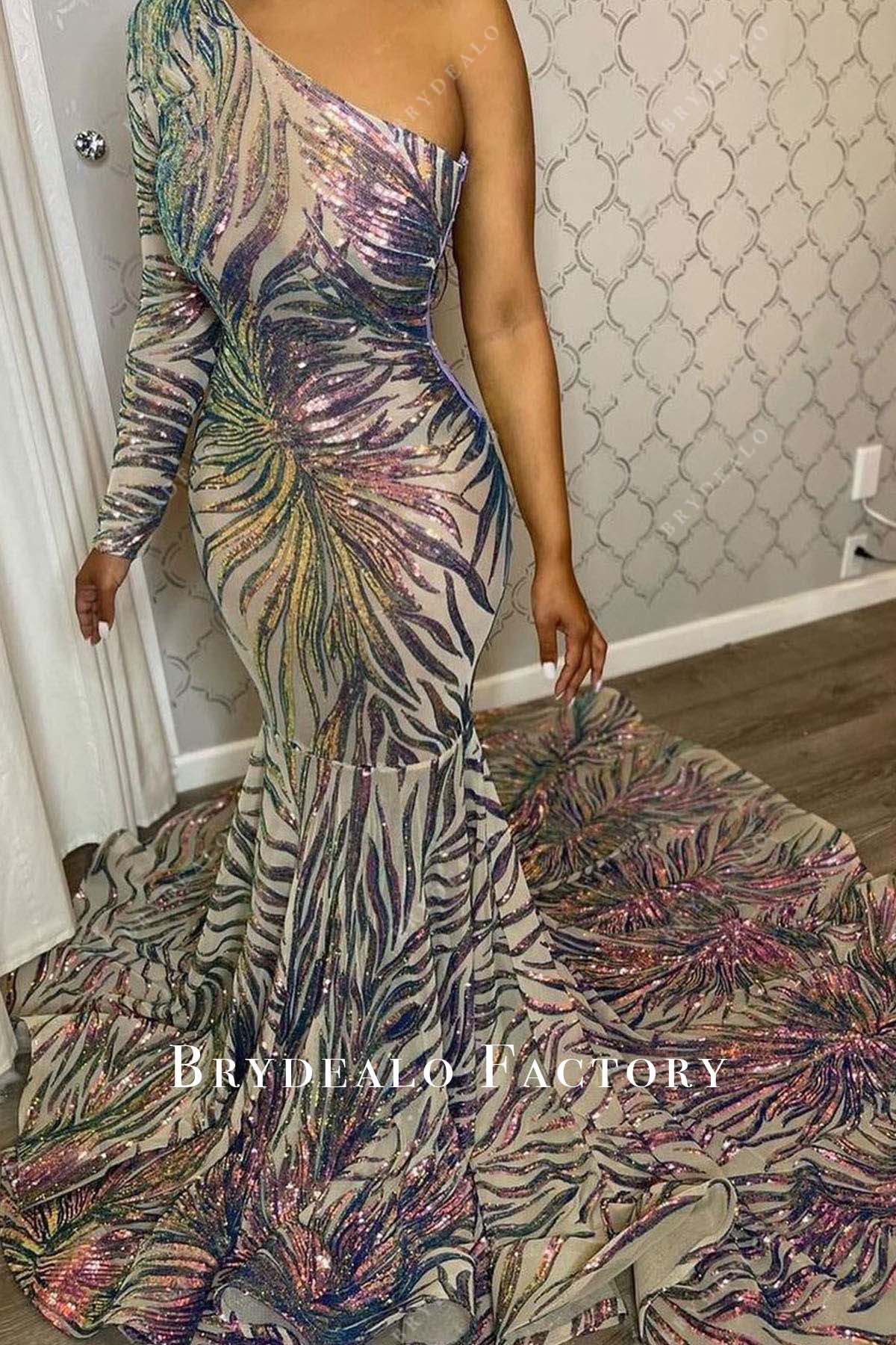 Ombre One Sleeves Trumpet Long Train Prom Dress