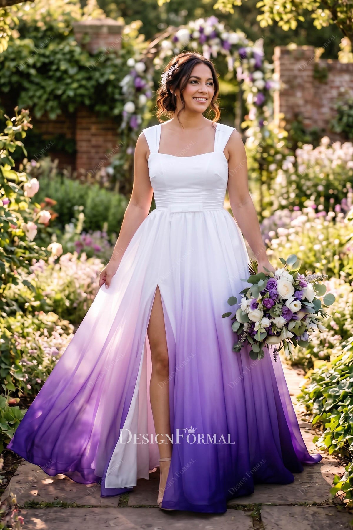 ombre purple white a line wedding gown