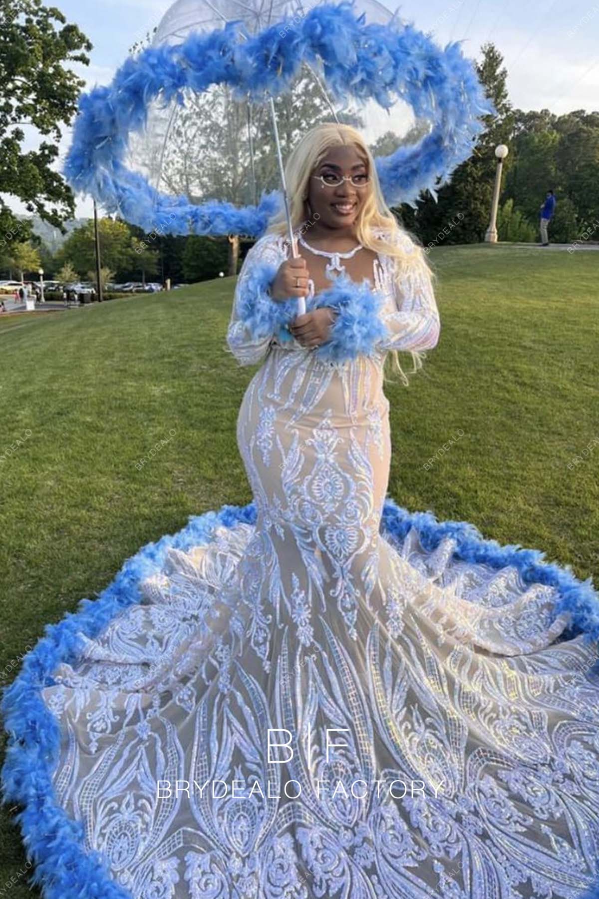 Blue Turkey Feather Long Train Mermaid Iridescent Sequin Prom Dress