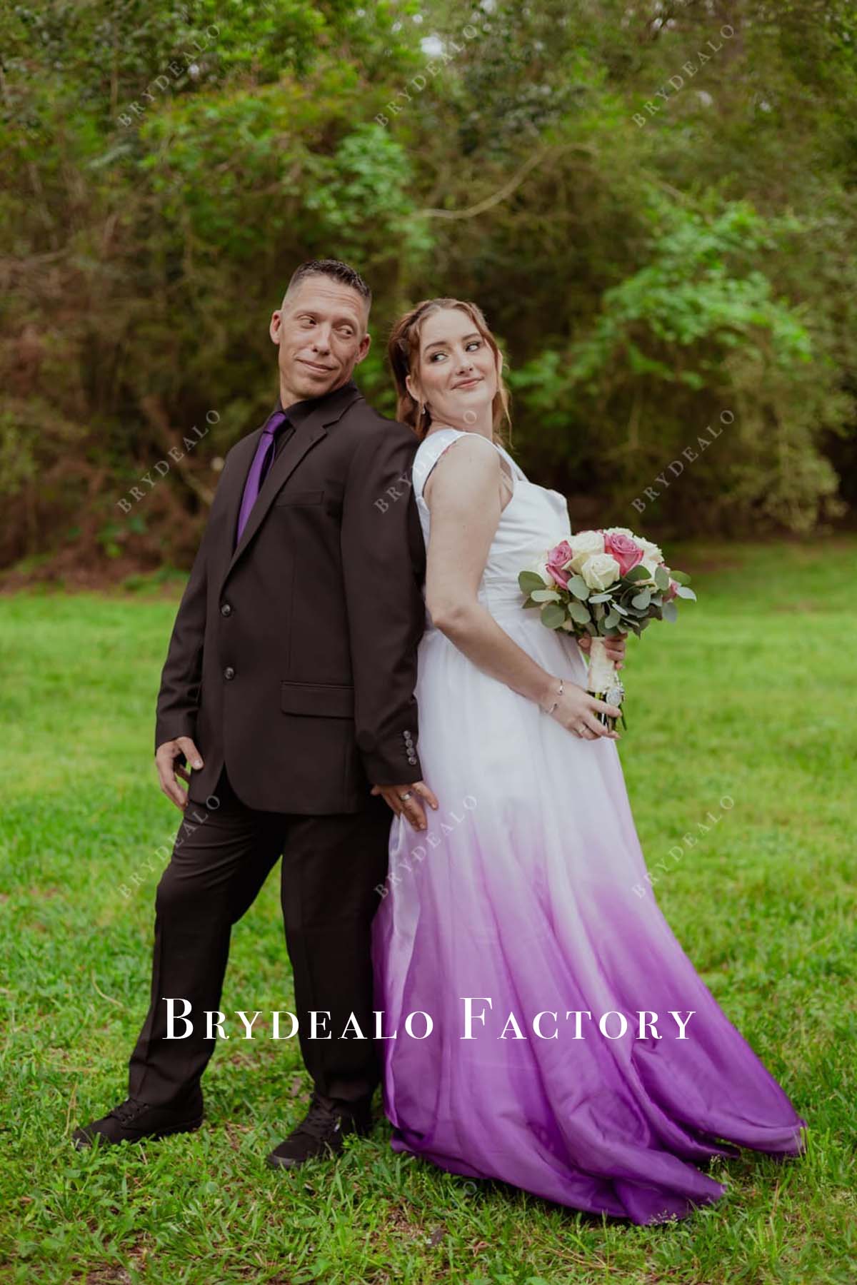Custom Wide Strap White to Purple Floor Length Wedding Dress