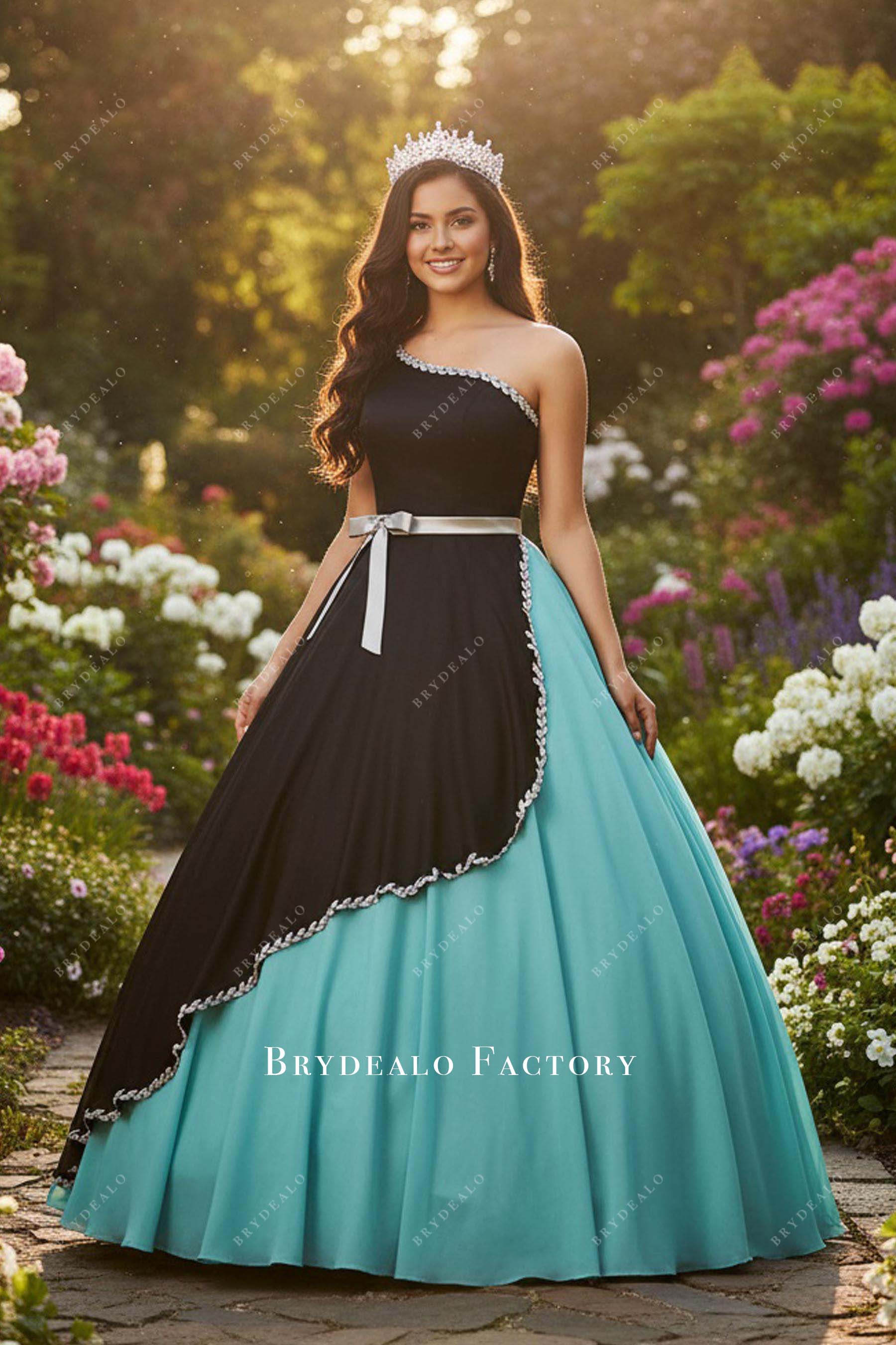 Two-tone Black Satin One Strap Plus Size Prom Quinceanera Dress