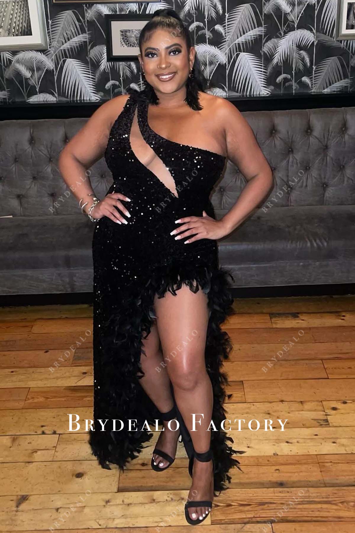 Plus Size Black Sequin Keyhole One Shoulder Feather Slit Prom Dress