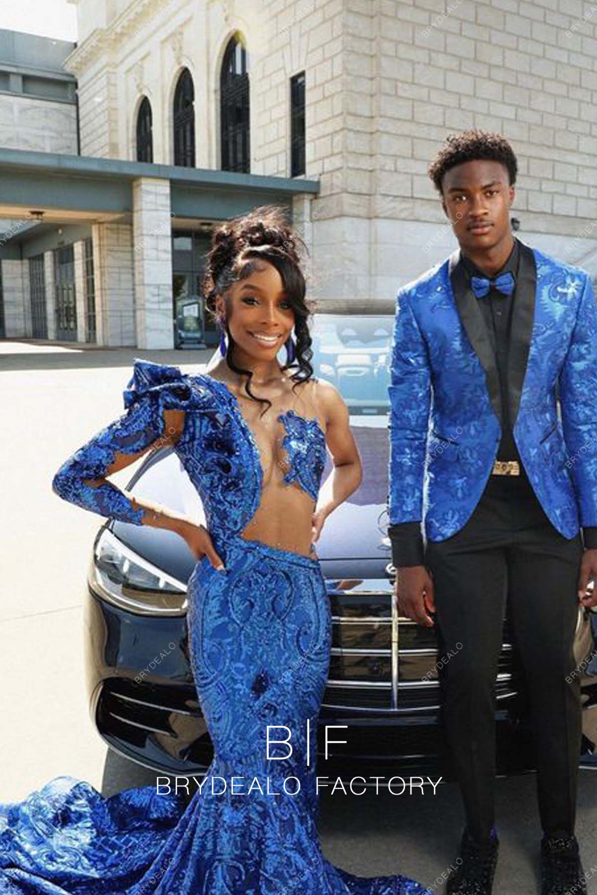 trendy one shoulder royal blue sequins prom gown