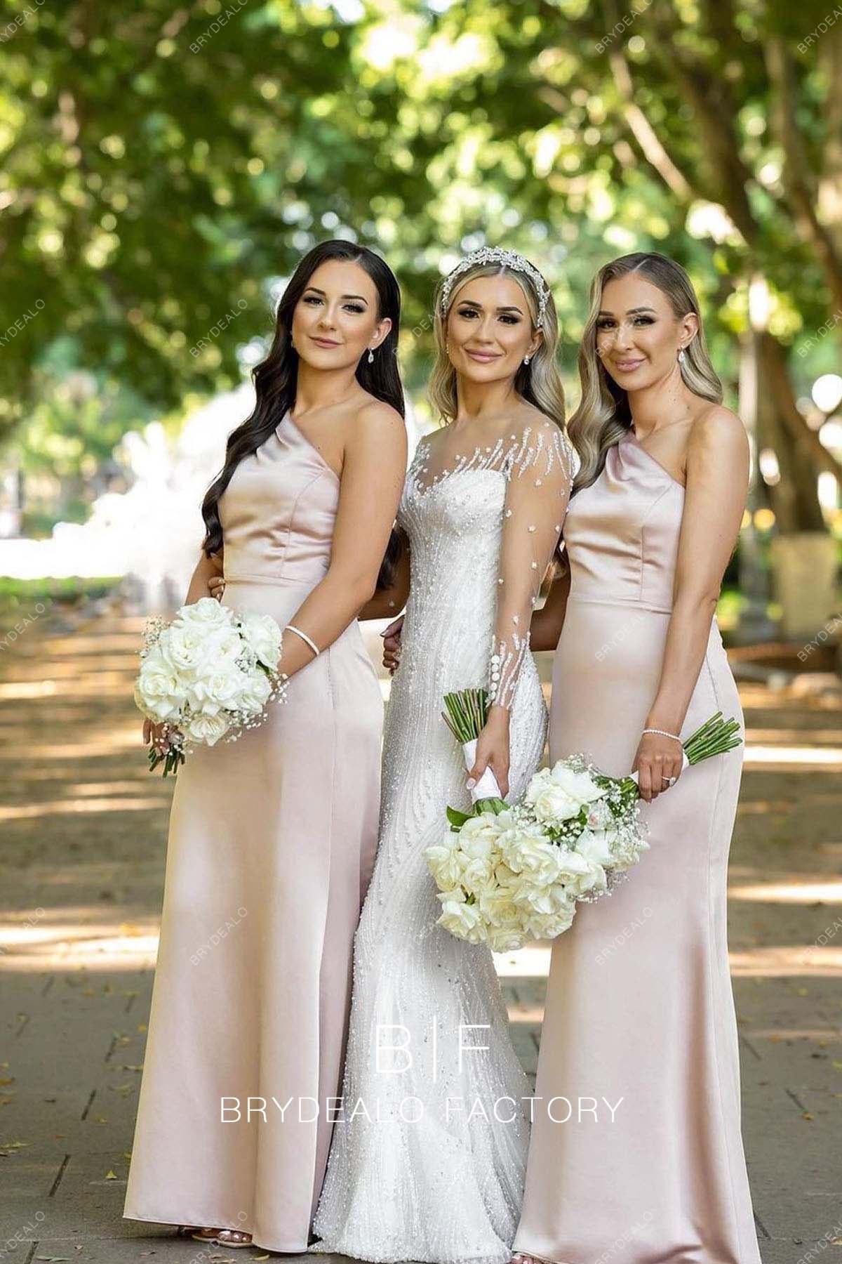 Pearl Pink Charmeuse One Shoulder Long Bridesmaid Dress