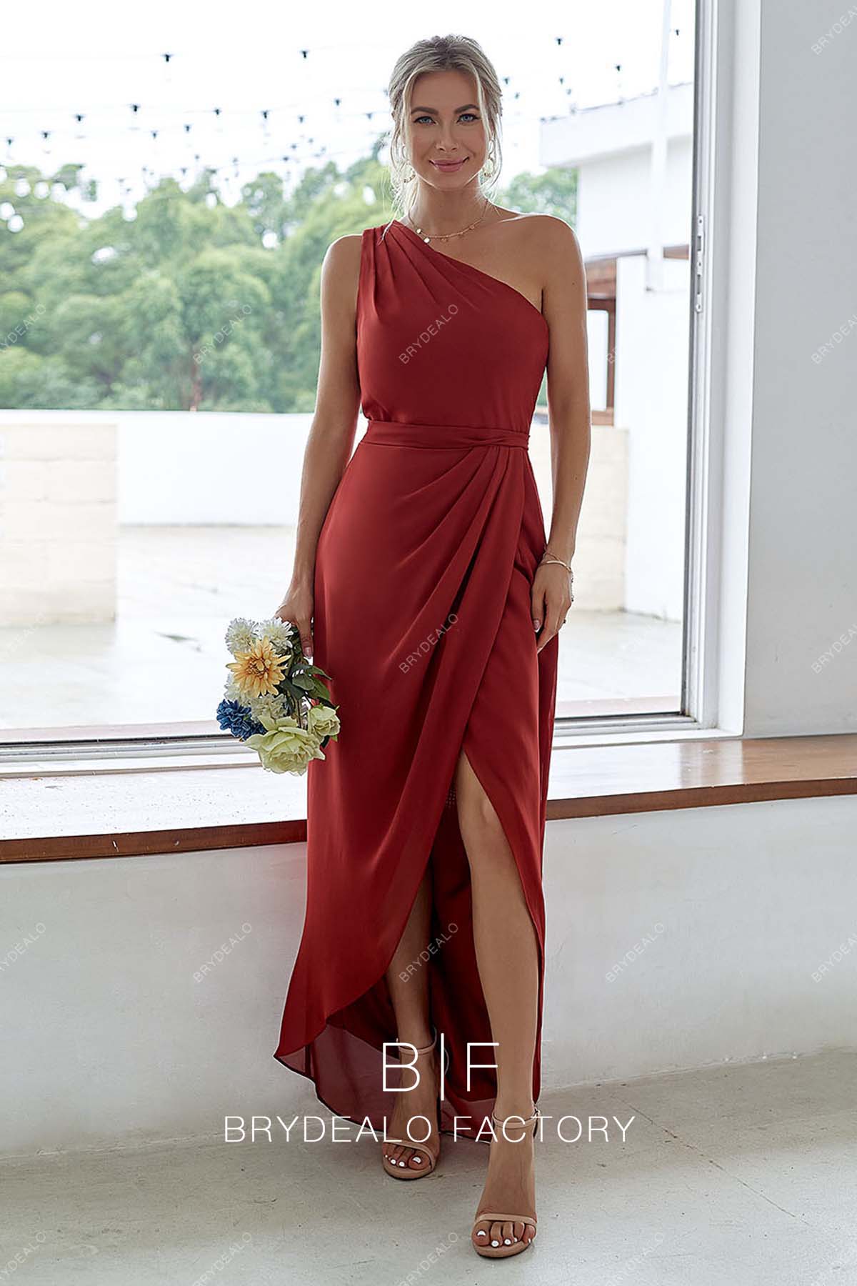 one shoulder chiffon slit bridesmaid dress