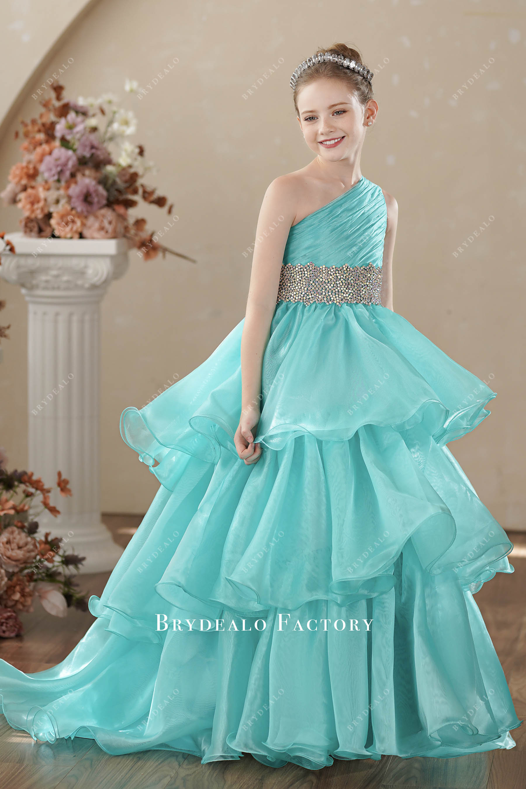 rhinestones wide waistband long kids princess gown