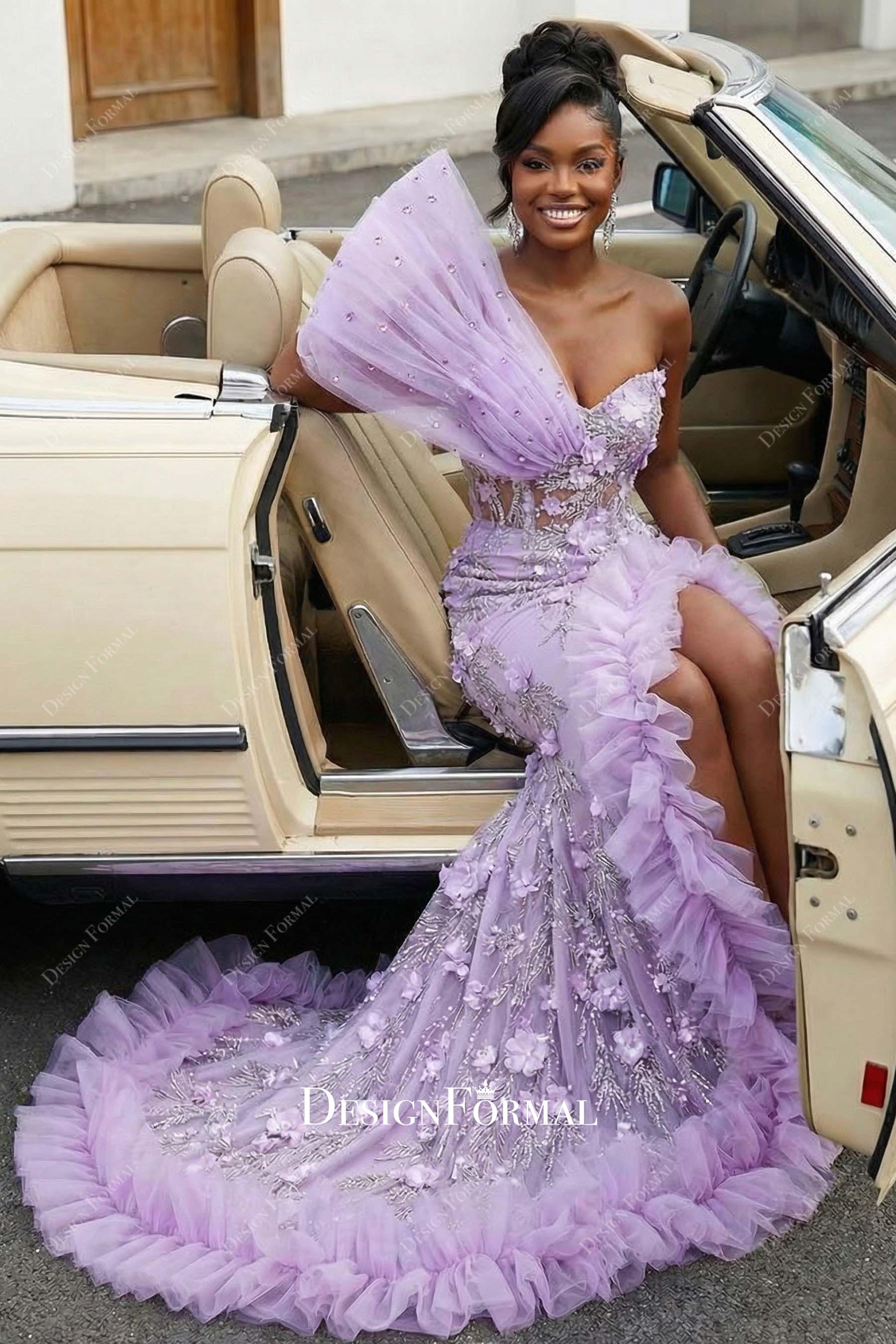 one-shoulder lilac slit chapel train prom dress