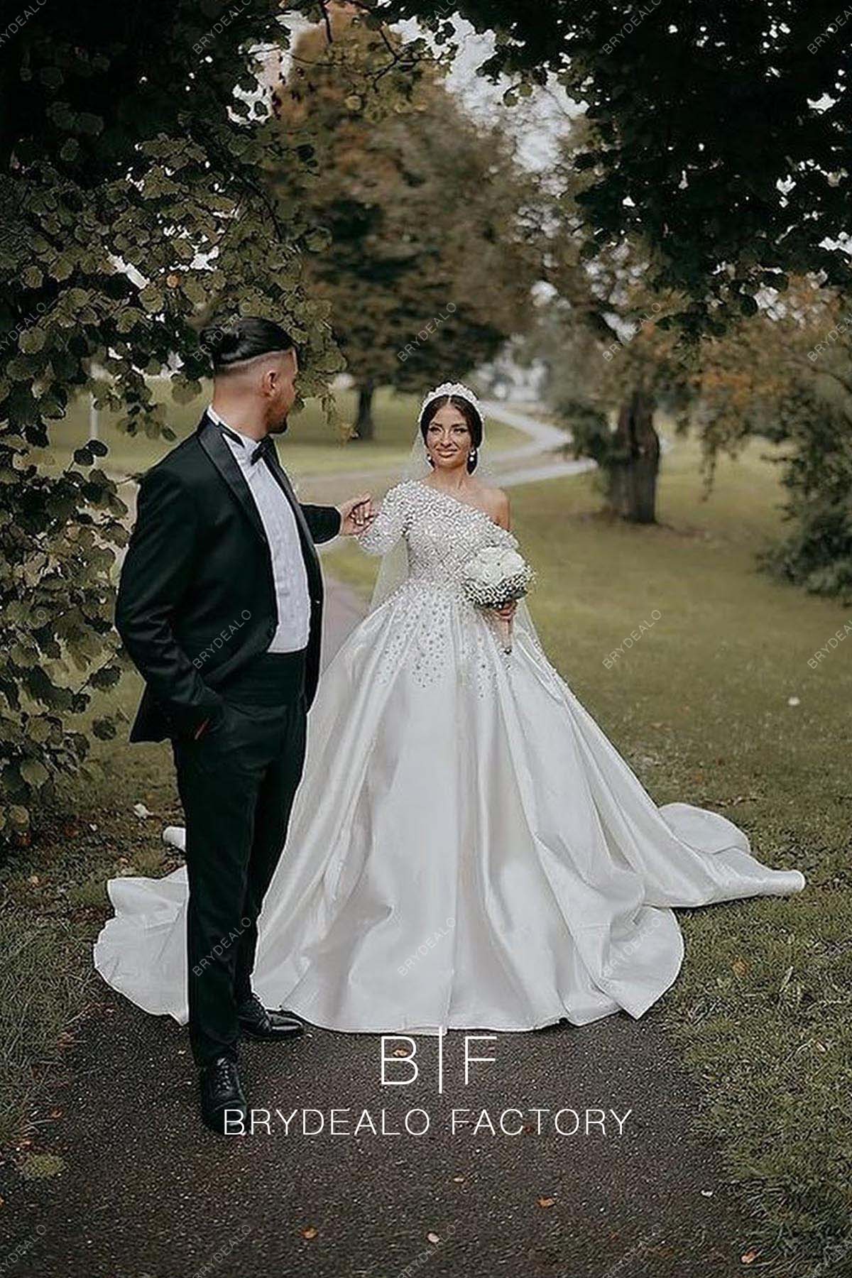 cowl neck asymmetrical hem cami dress Elegant Pearls Asymmetrical Off Shoulder Ball Gown Garden Bridal Dress