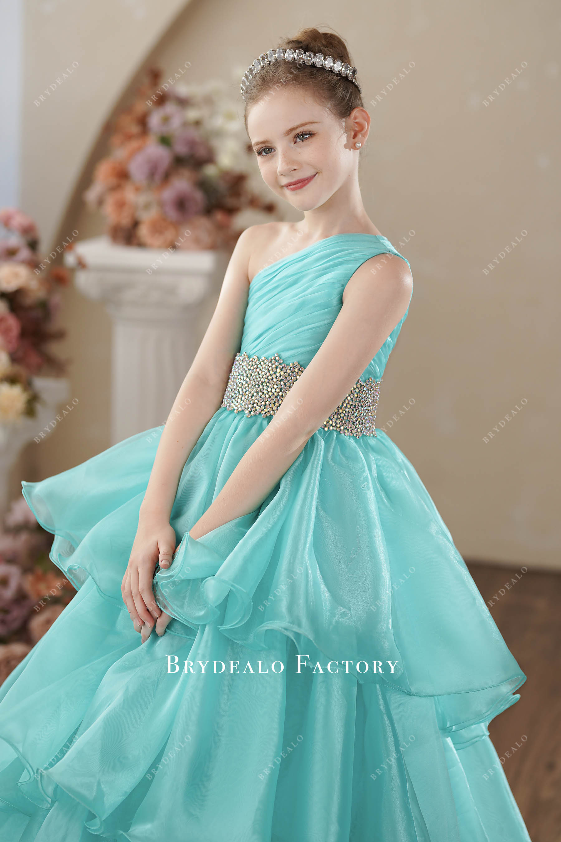 one shoulder pleated organza kids birthday dress