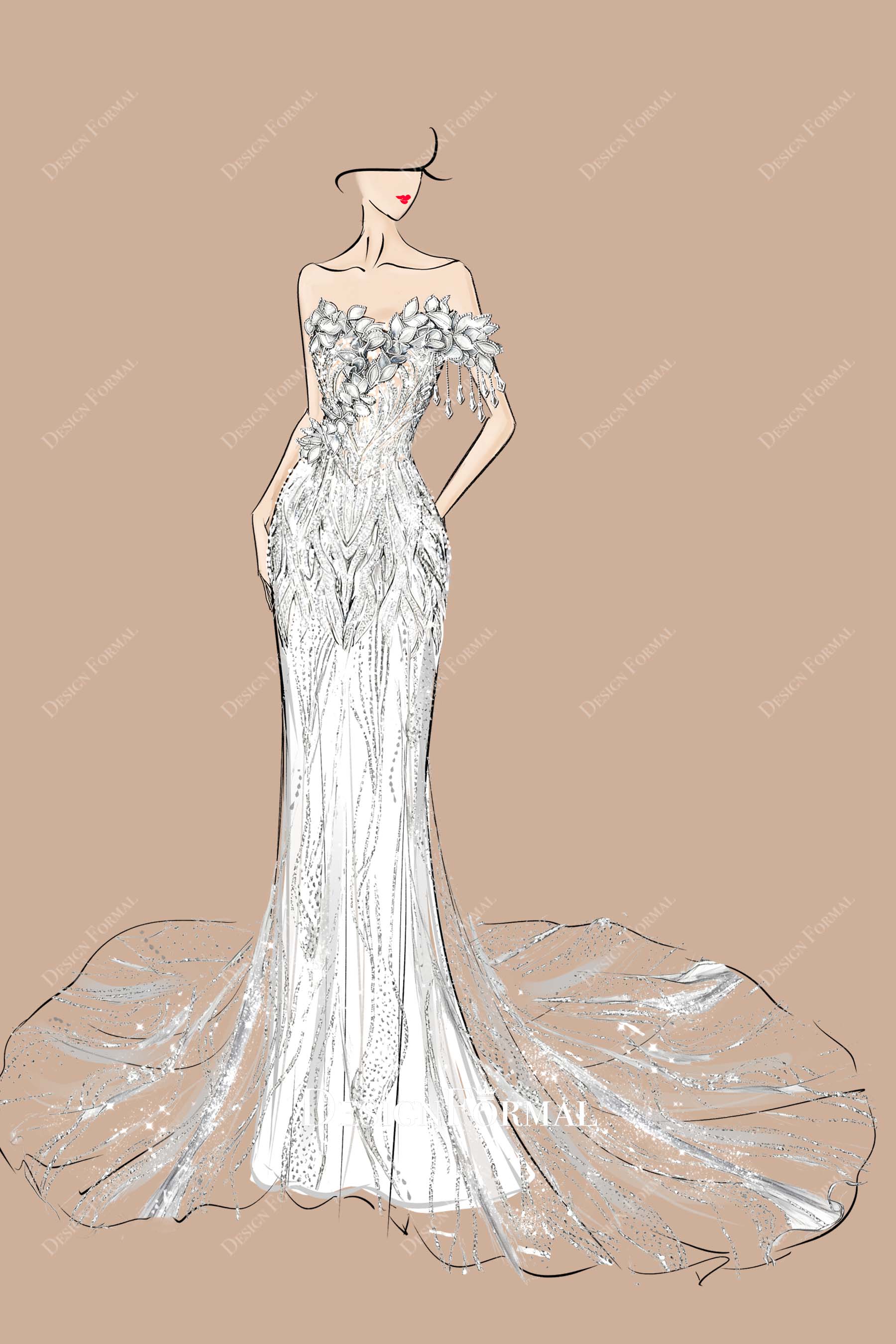 Crystal Tassel One Drop Sleeve 3D Petal Mermaid Formal Dress Sketch