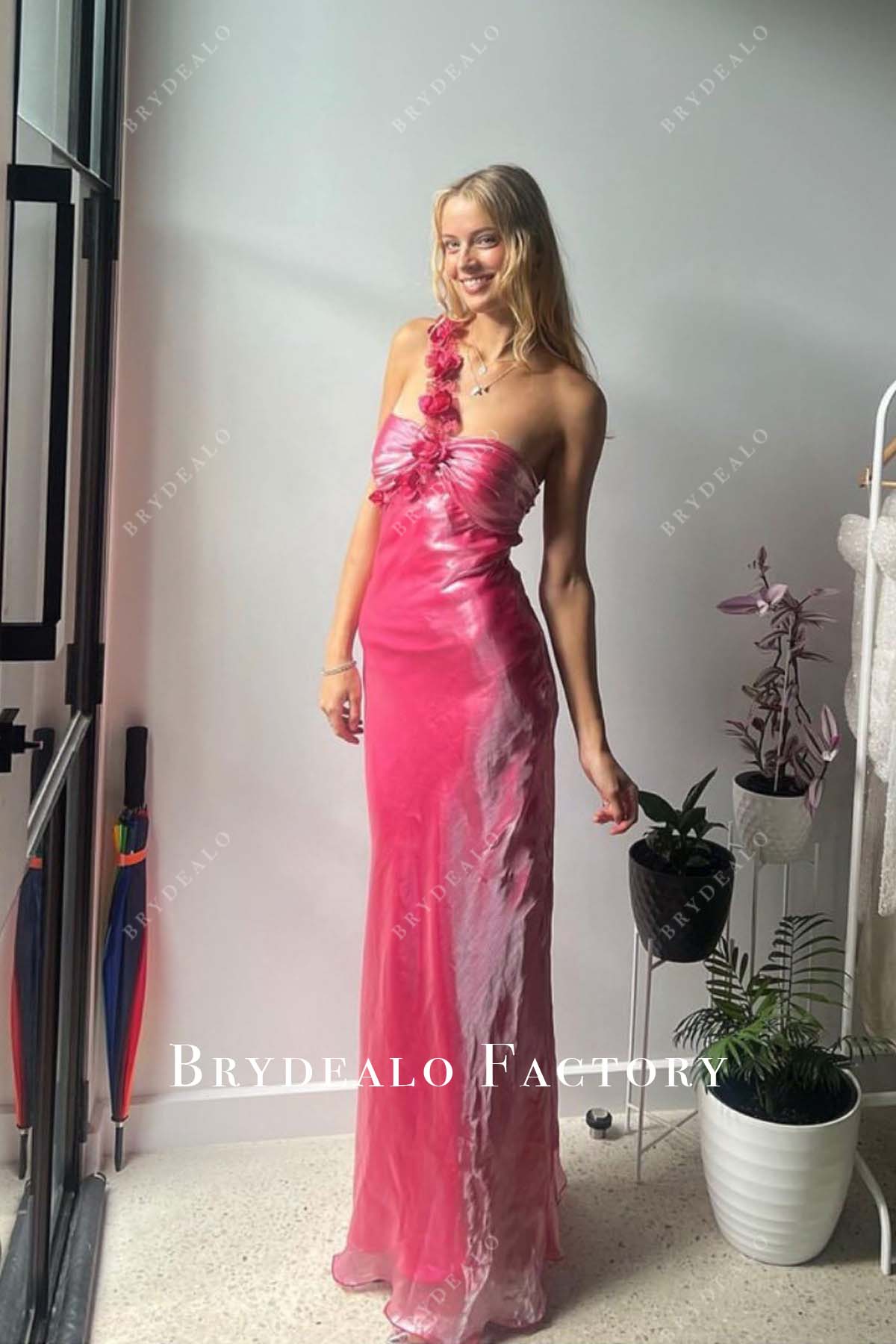 Pretty 3D Flowers One Shoulder Hot Pink Floor Length Prom Formal Dress Pretty 3D Flowers One Shoulder Hot Pink Floor Length Prom Formal Dress