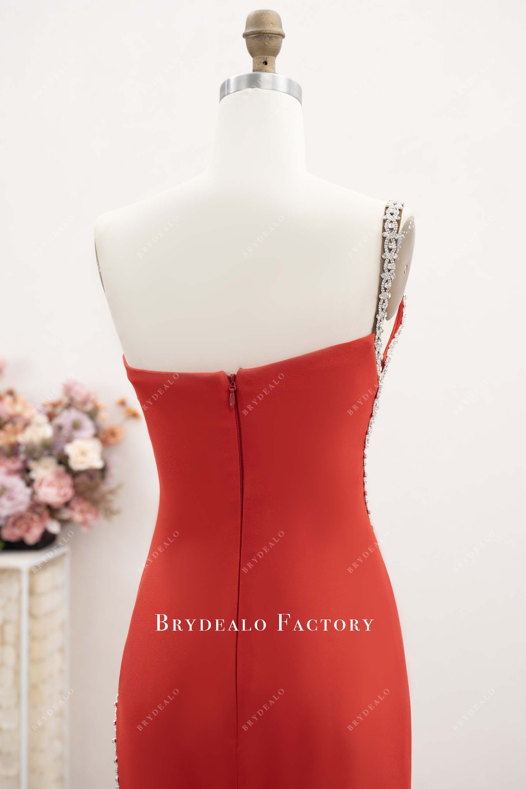 one strap red jersey formal dress