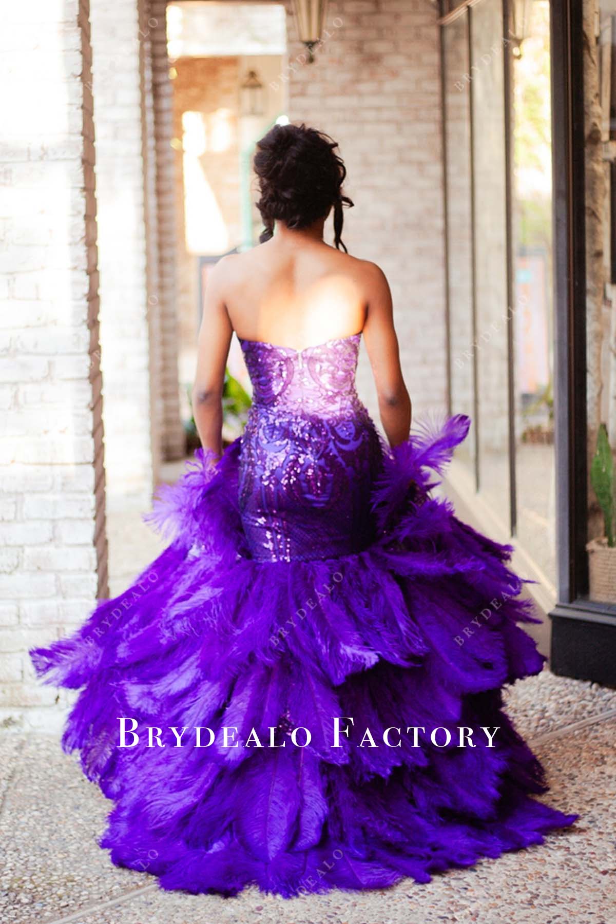 open back feather trumpet prom dress