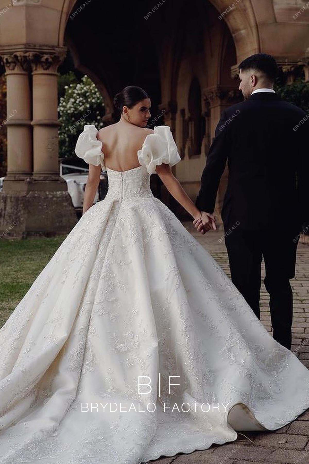 open back ball gown long train church wedding dress