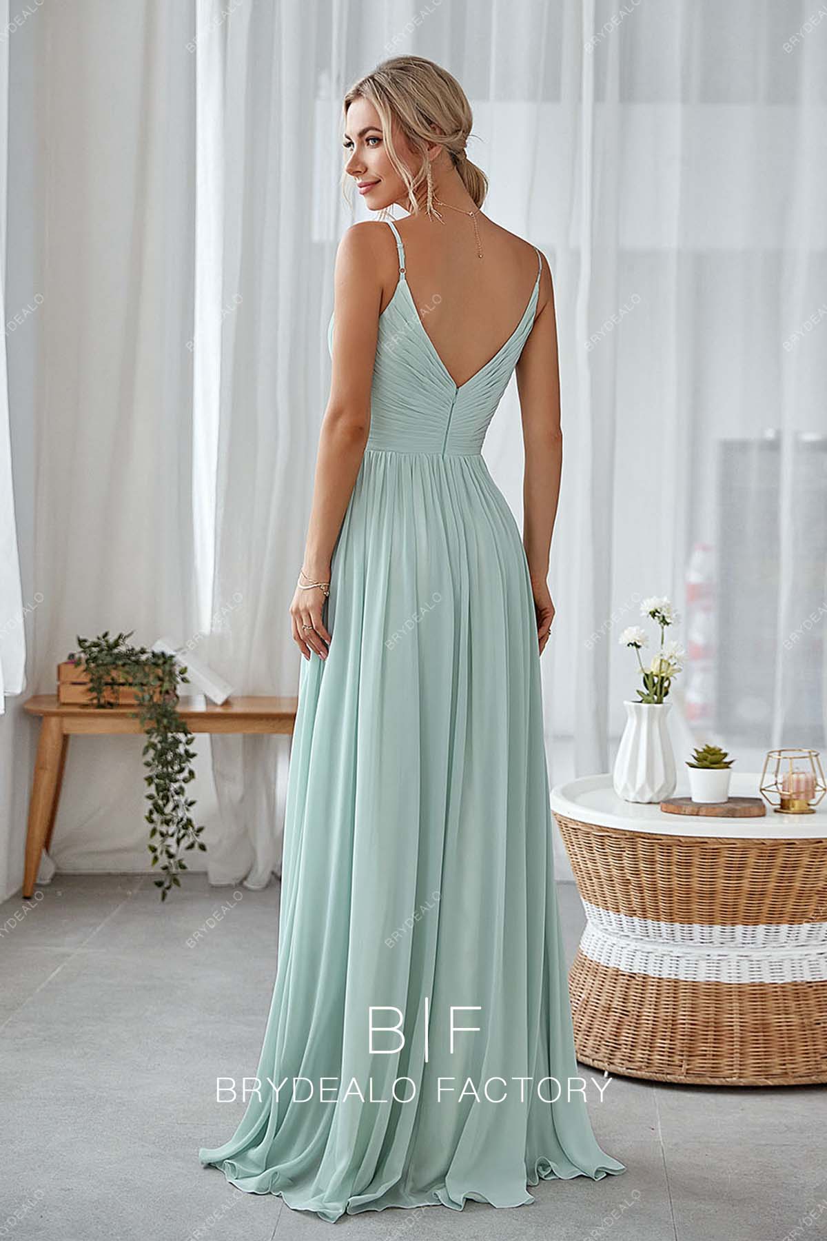 open back mint green chiffon formal gown