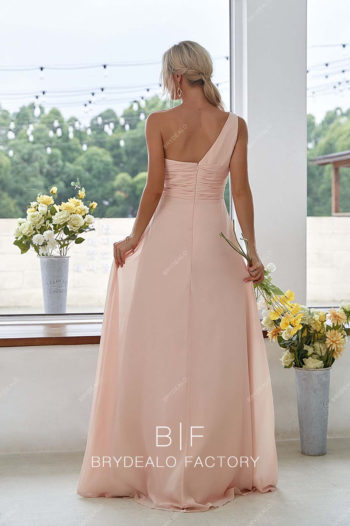 open back peach bridesmaid dress