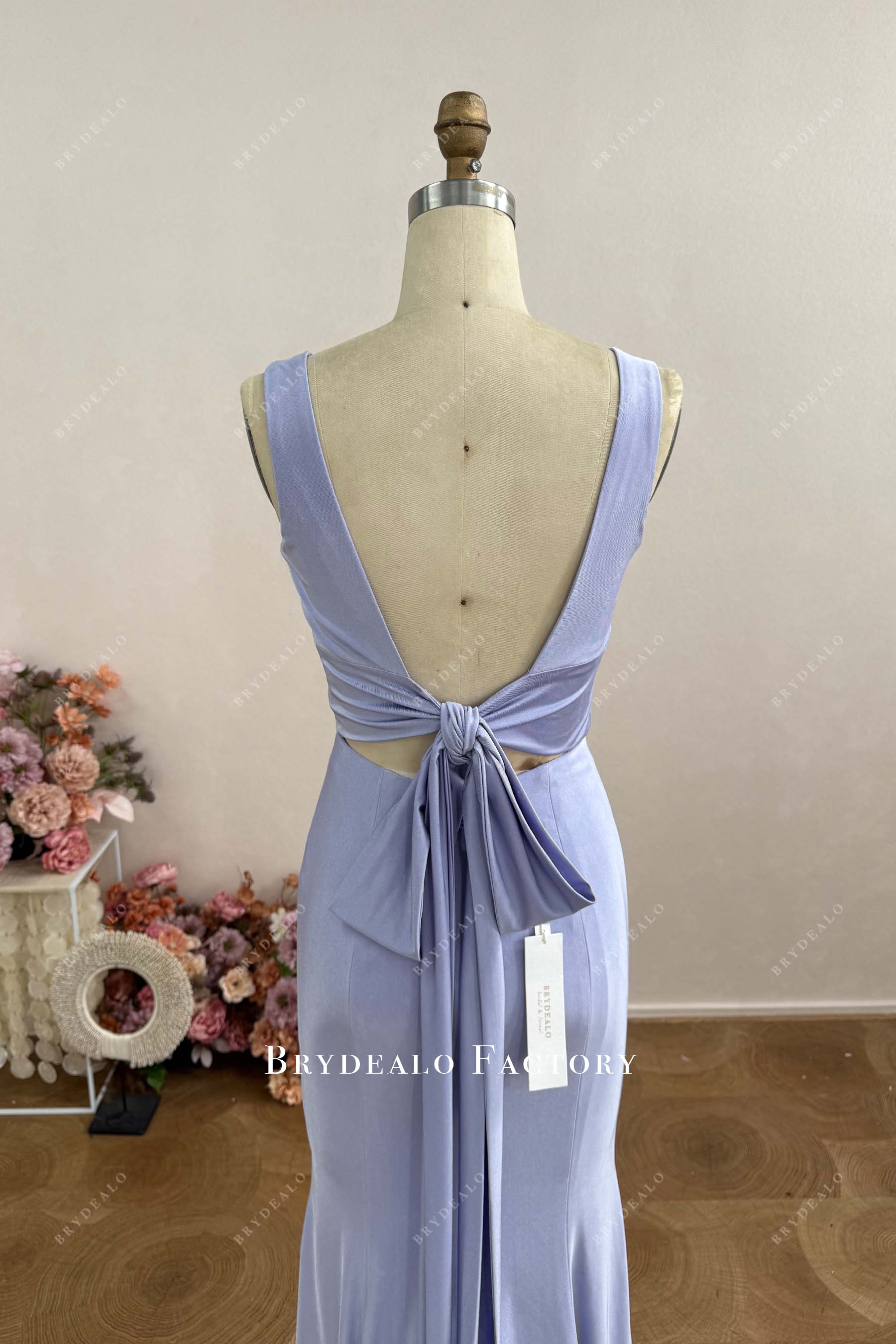 open back purple elastic bridesmaid dress