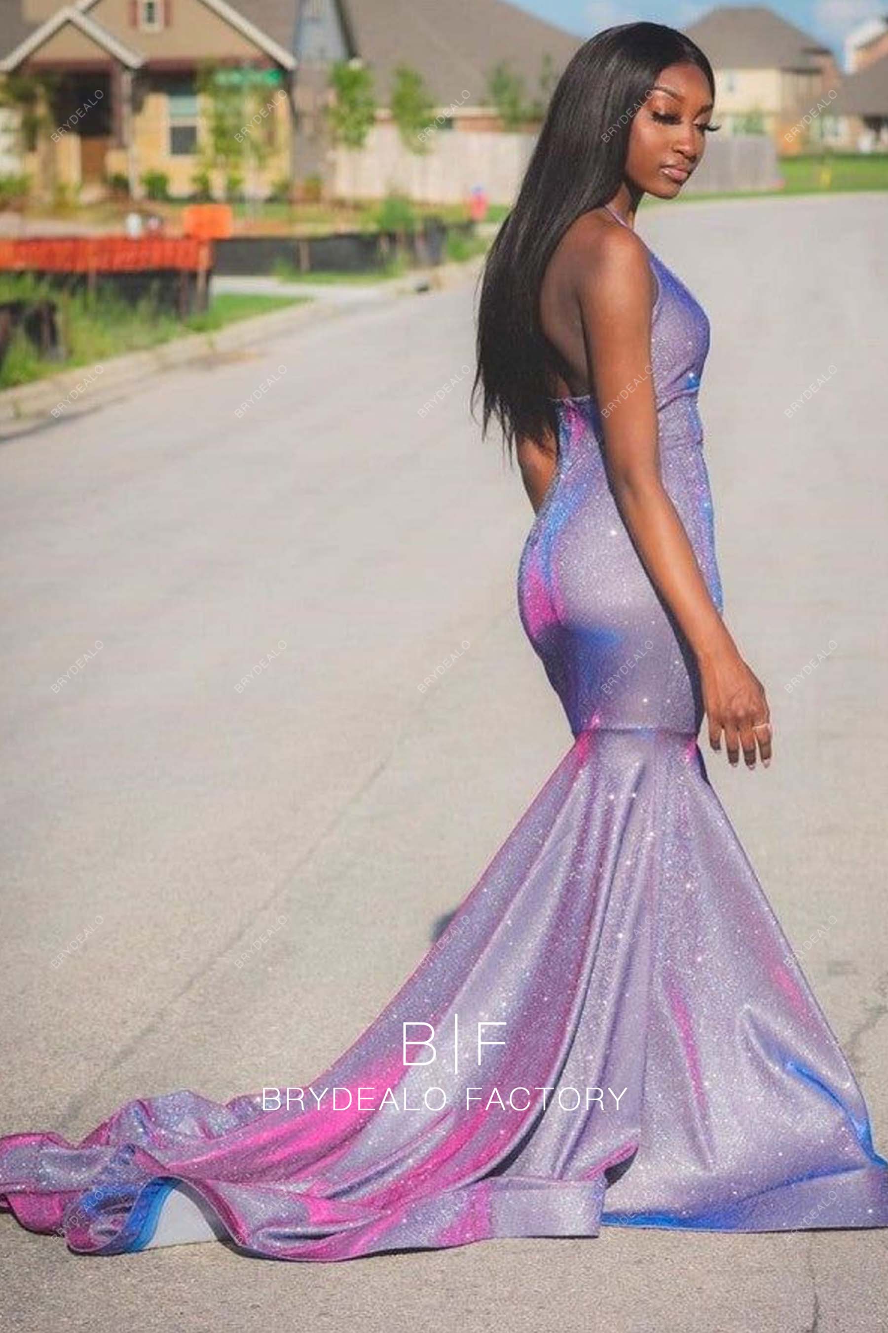 Ombre Purple Glitter Open Back Long Train Prom Dress