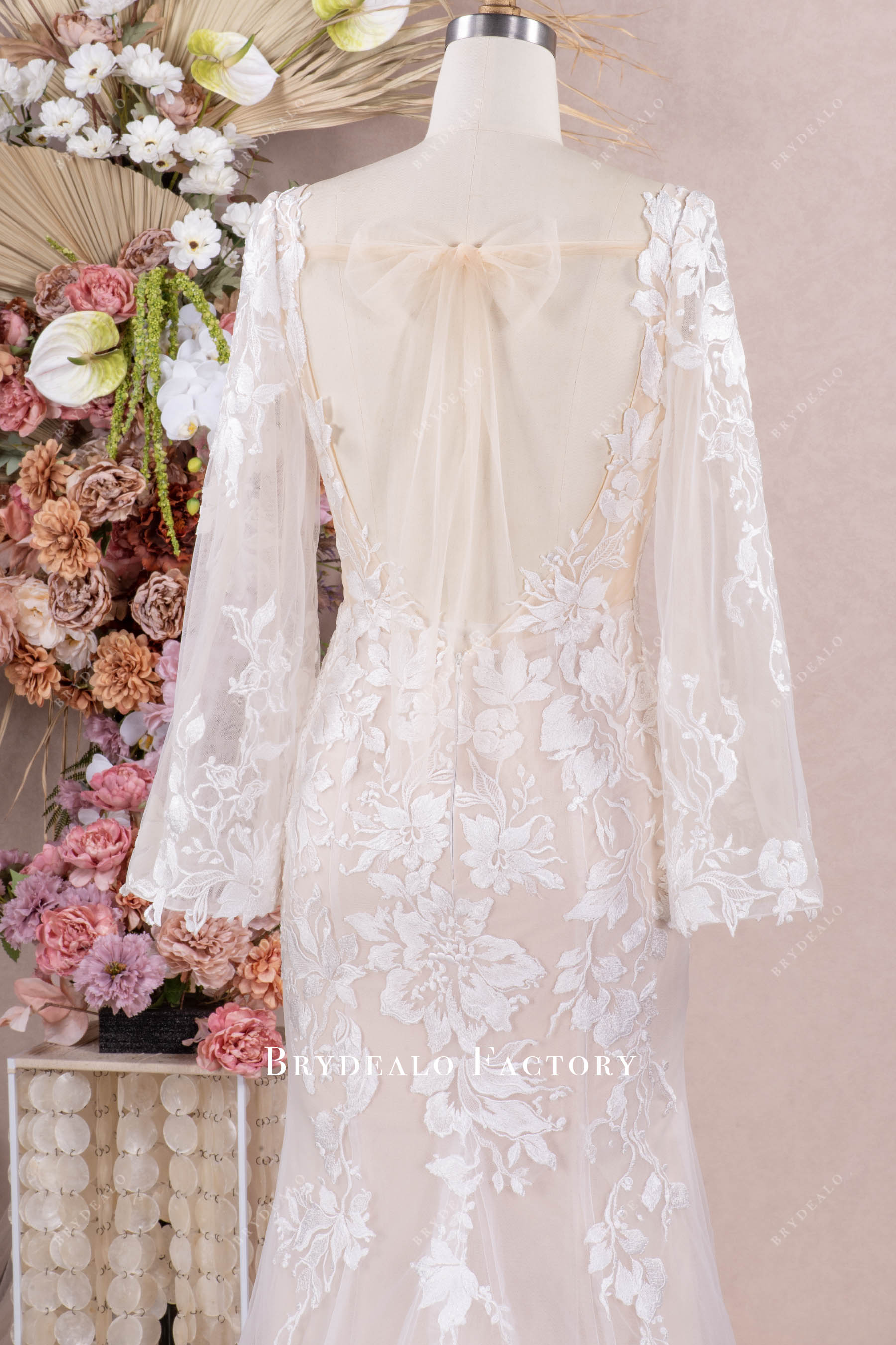 Romantic Floral Lace Bell Sleeve Mermaid Wedding Dress