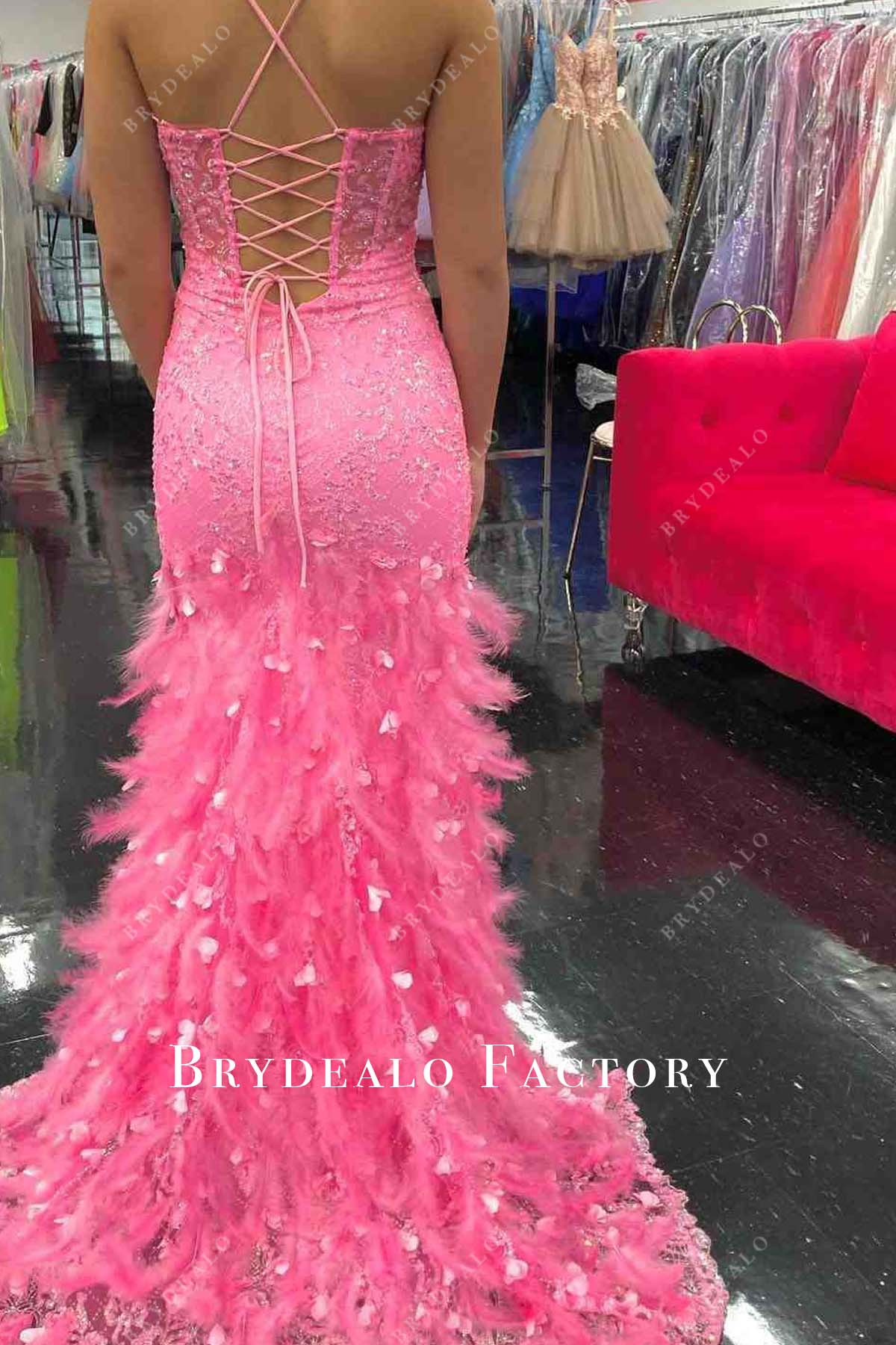 pink open lace-up back fit and flare prom dress