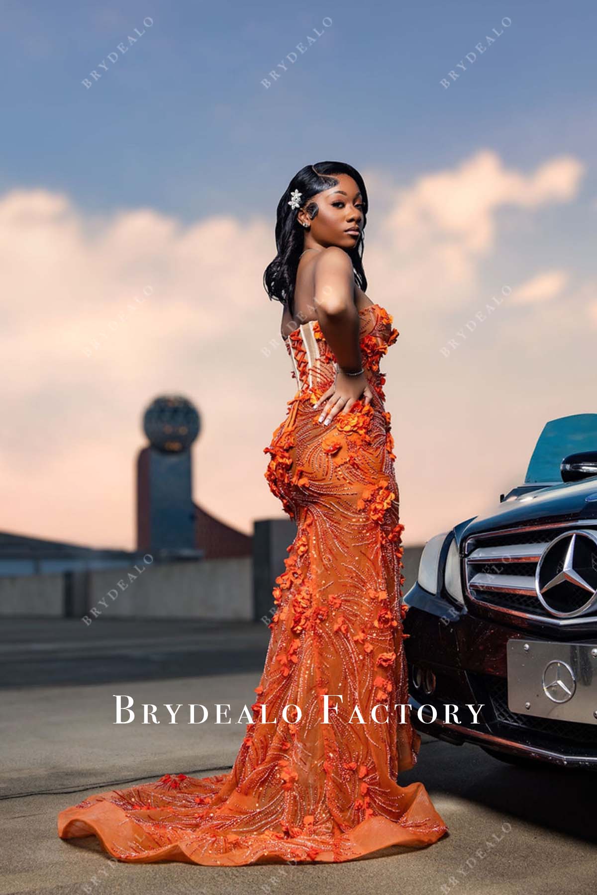 orange 3D flower shimmer mermaid prom dress