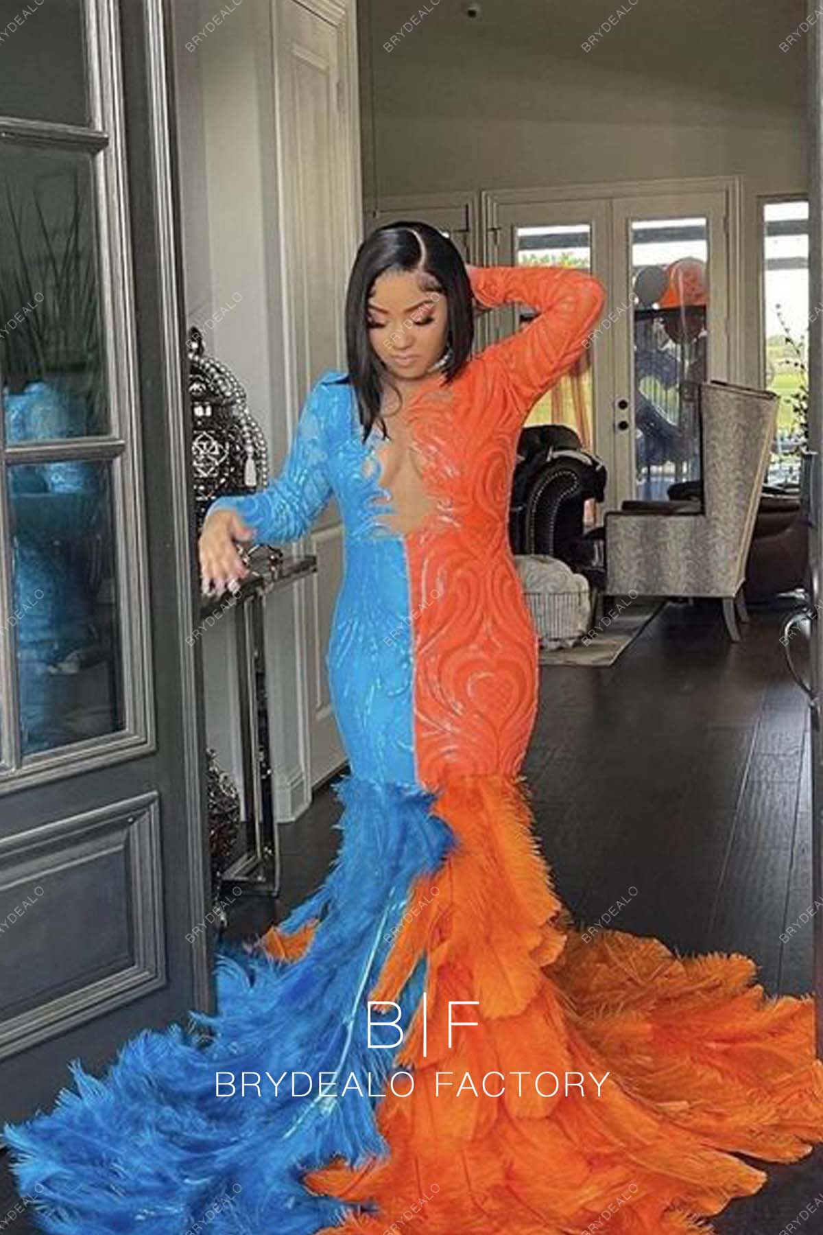 Two Tone Sequin Long Sleeves Big Feather Mermaid Prom Dress