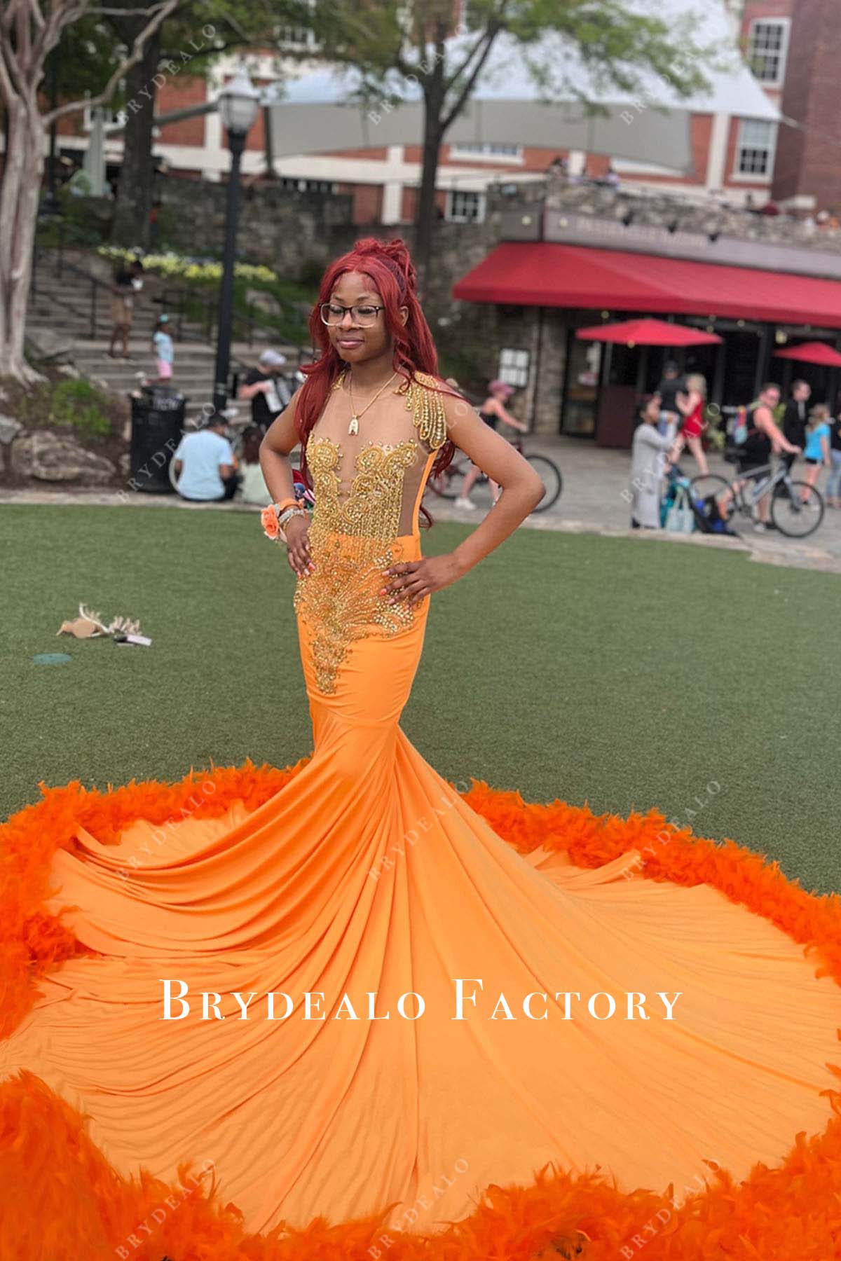 orange feather train mermaid gold embellished prom dress