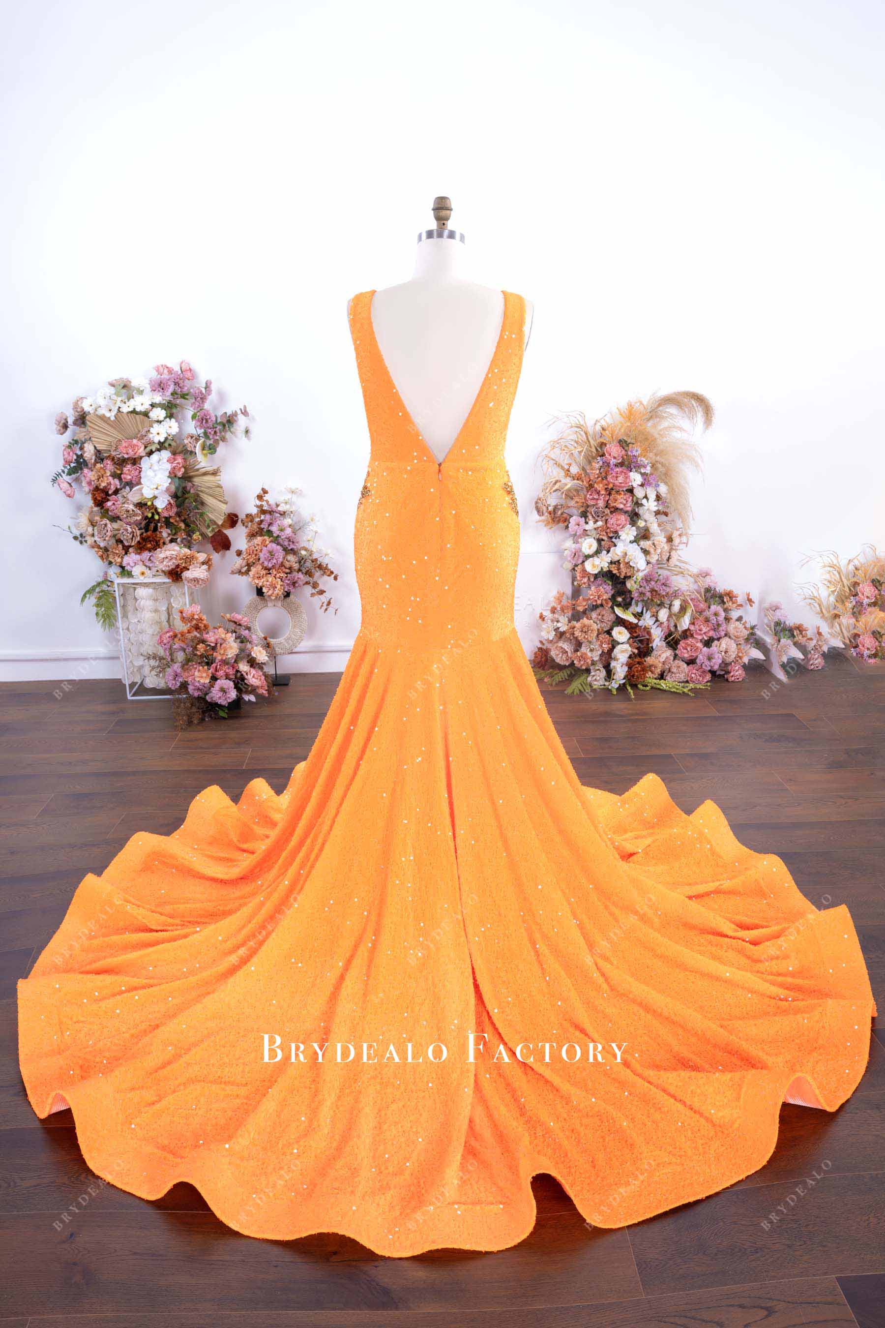 orange glitter trumpet court train prom dress